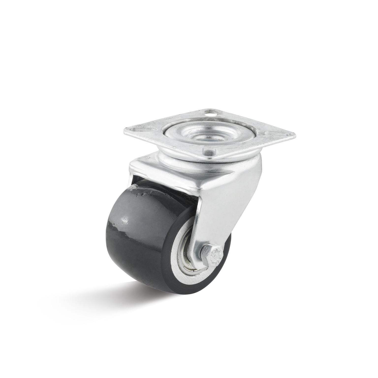 Zwenkwiel met een zwarte rubberen band en een metalen bevestigingsplaat. Het wiel is op een standaard gemonteerd, met een glanzende, duurzame afwerking. De achtergrond is leeg en wit.