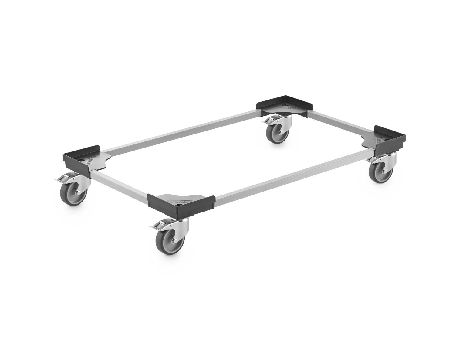 A rectangular transport dolly features a sturdy metal frame with four swivel castors mounted at each corner. It is designed for easy movement of heavy objects within various environments.
