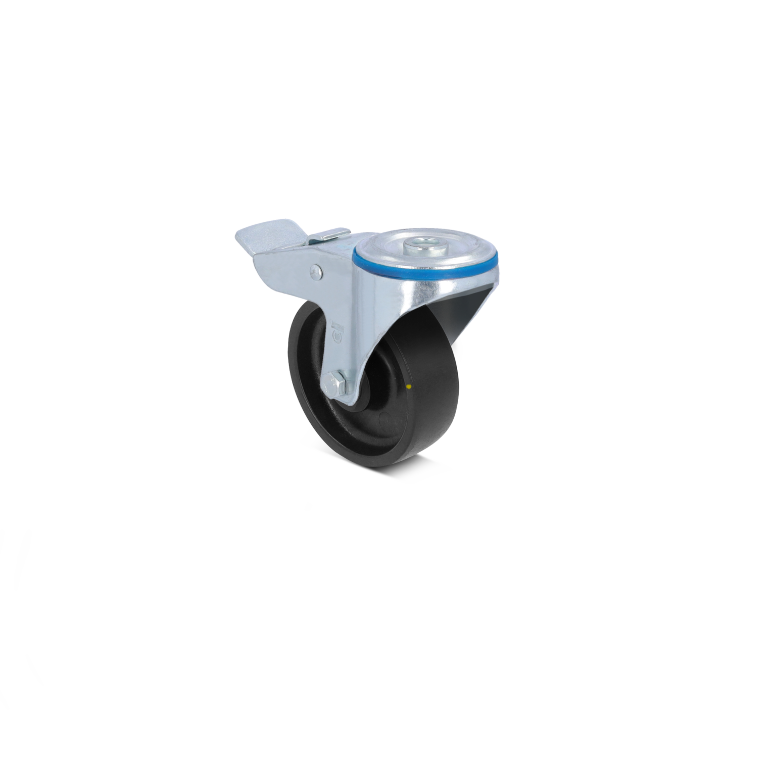 Zwenkwiel met een zwarte rubberen band en een verchroomd stalen montagedeel. Het heeft een blauwe rand en een remhendel aan de zijkant, geplaatst op een witte, neutrale achtergrond.