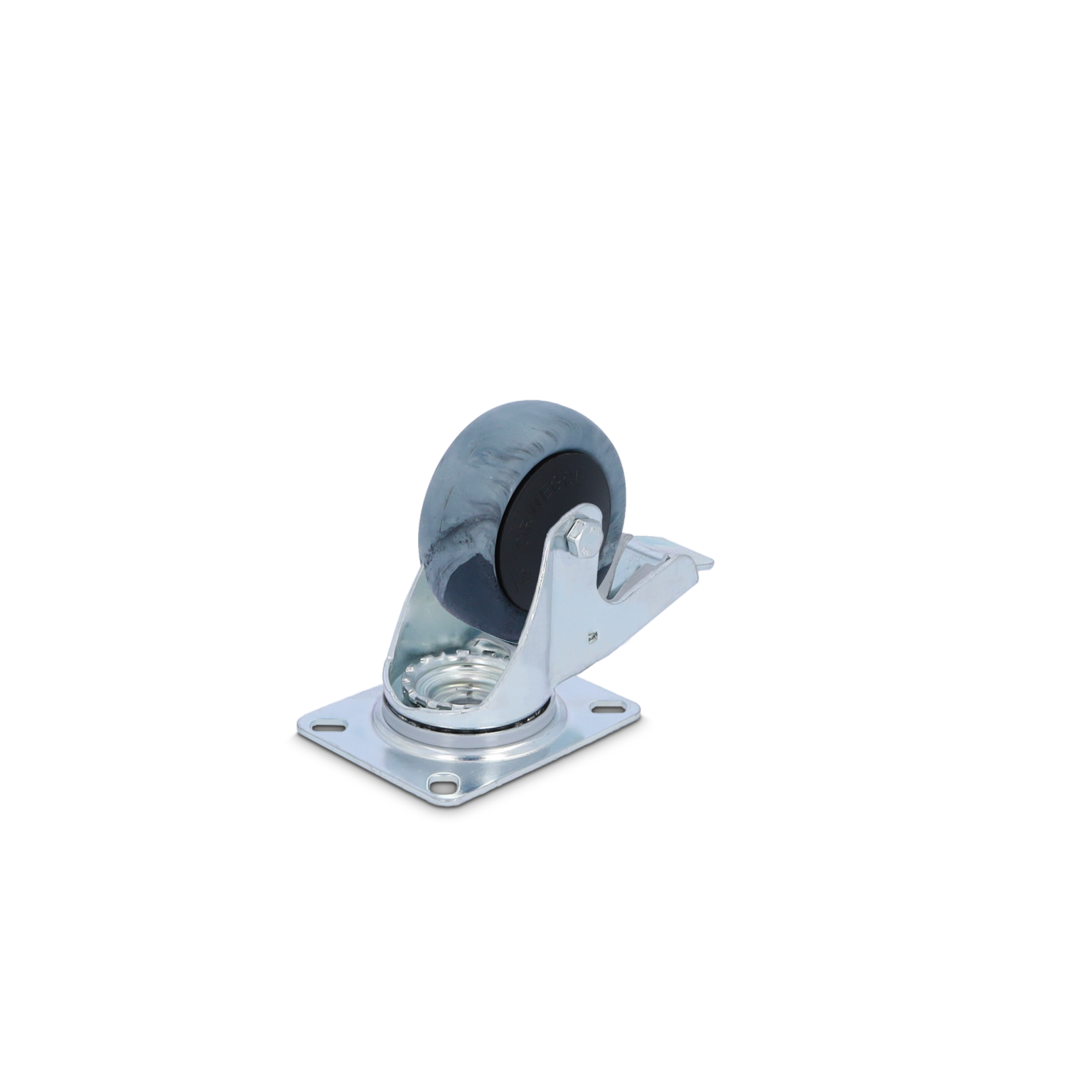 Ein schwarzer Rollenkopf aus Gummi ist auf einer verchromten Halterung montiert. Die Halterung besitzt eine Befestigungsplatte mit vier Löchern. Der Hintergrund ist einfarbig schwarz.
