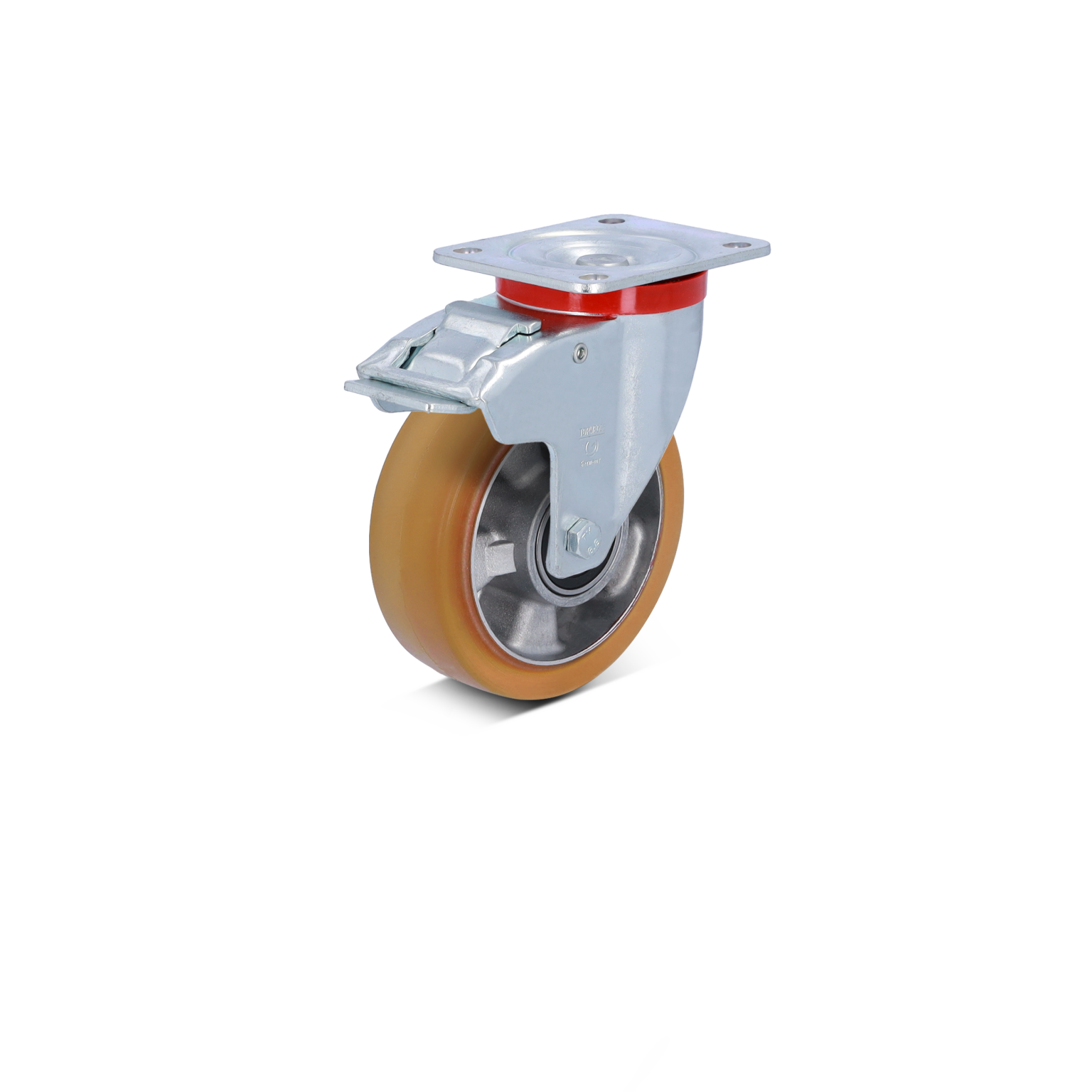 Zwenkwiel met een kunststof wiel en een metalen montagemodule. Het wiel heeft een robuuste afwerking en een scharnierpunt voor mobiliteit, geplaatst tegen een neutrale achtergrond.