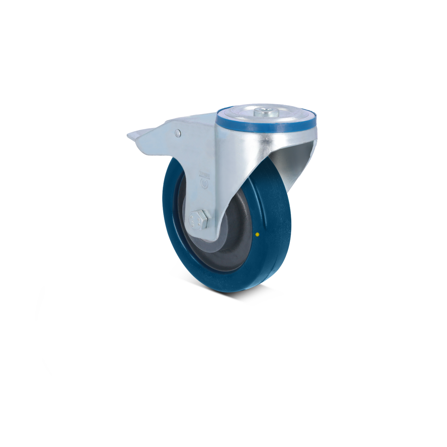Zwenkwiel met een kunststof wieltje in donkerblauw en een metalen beugel. Het wiel is bevestigd met een rond bevestigingsplaatje en bevindt zich op een witte achtergrond.