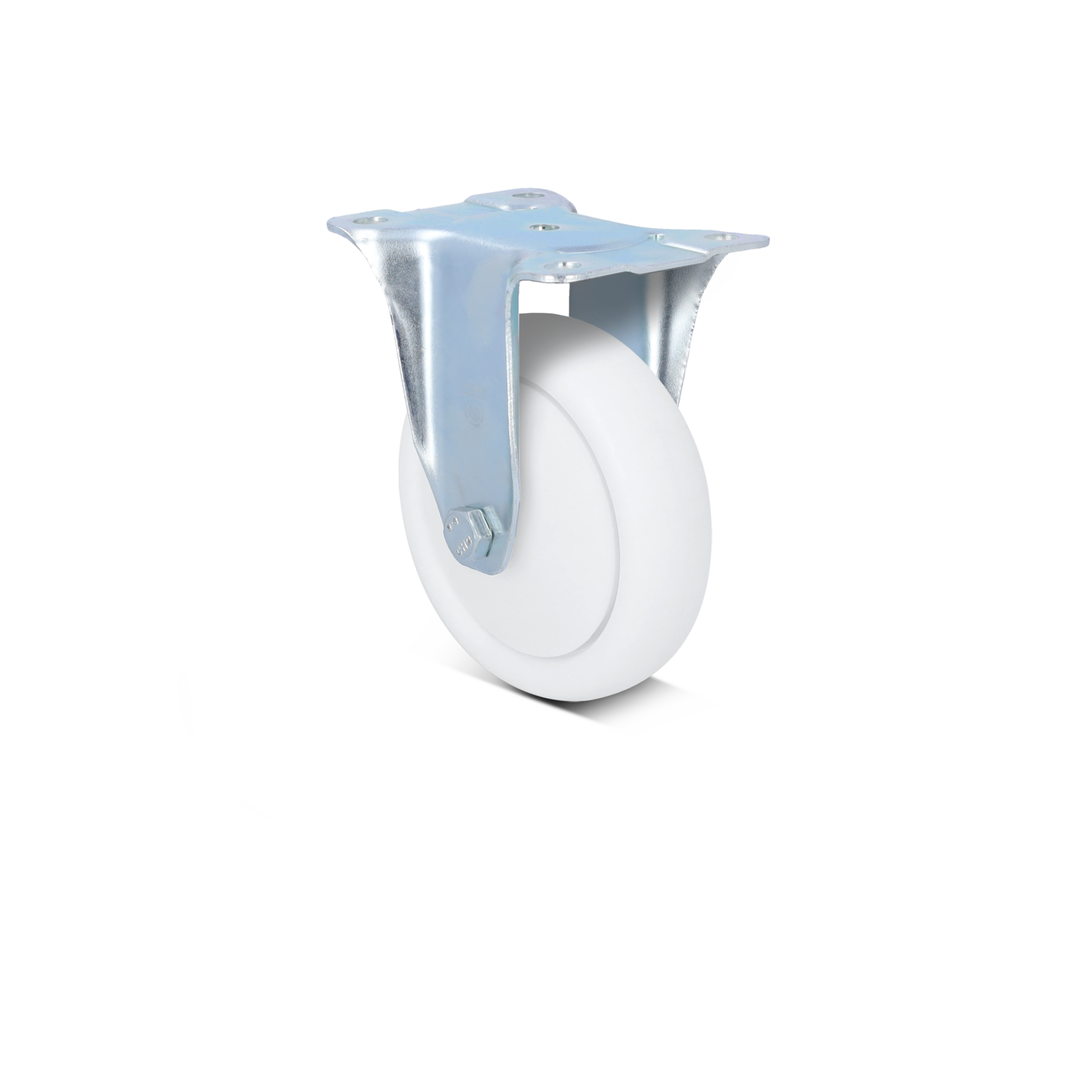 A white industrial wheel with a metal mounting bracket, prominently showing a flat plate for attachment. The wheel is positioned upright against a neutral background, designed for material handling applications.