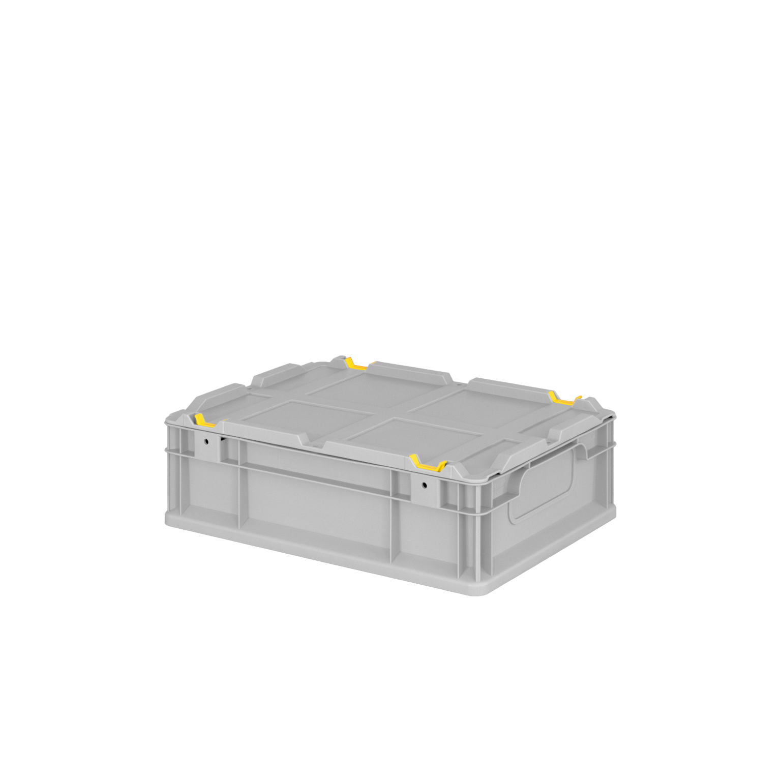 Transparente Kunststoffbox mit gelben Griffen an den Seiten, die stabil und stapelbar ist. Die Box hat eine rechteckige Form und befindet sich auf einem neutralen Hintergrund.