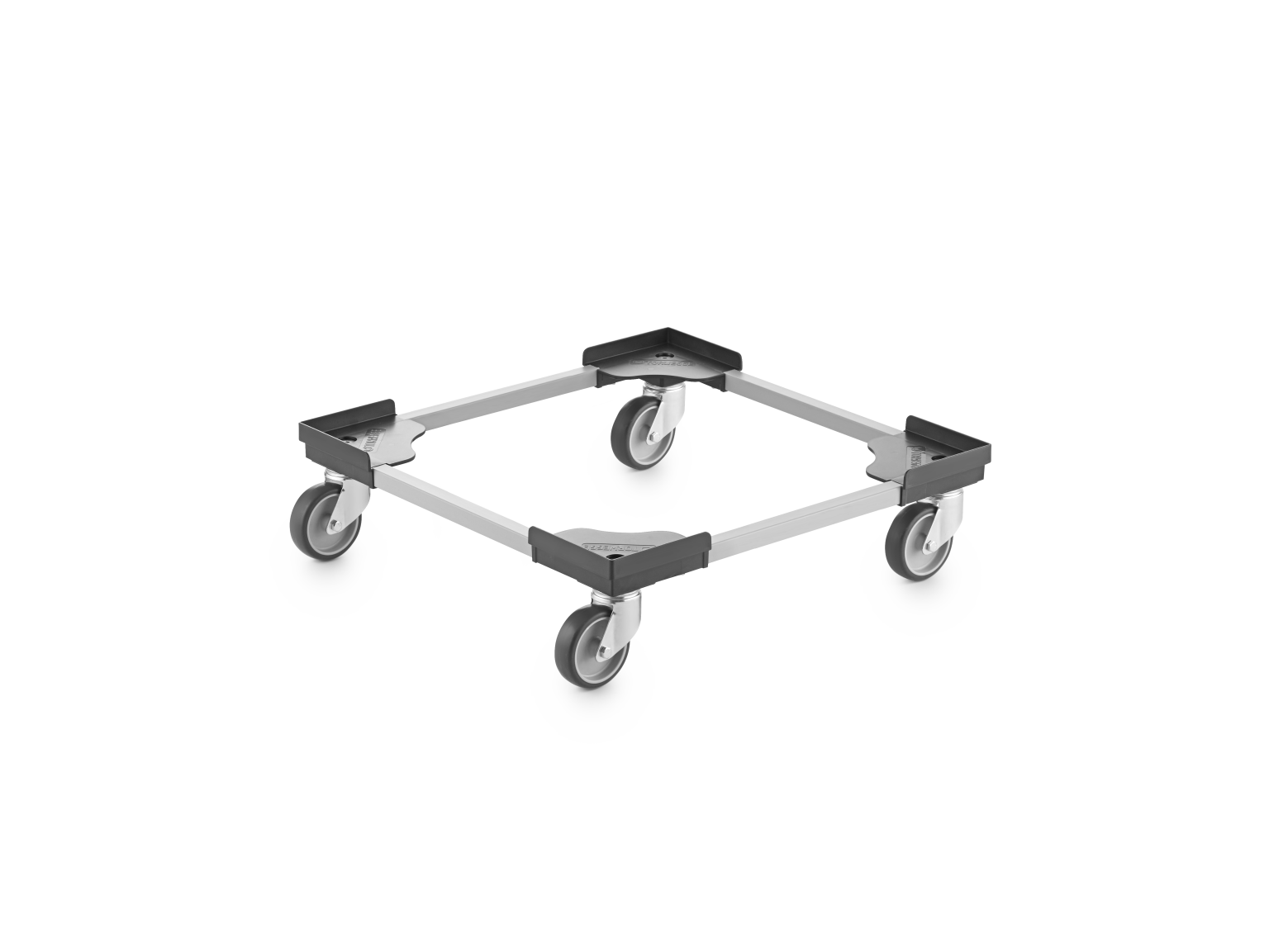 A square transport dolly features a metal frame with four swivel wheels. The frame is positioned horizontally, allowing for easy movement of loads in an industrial environment.