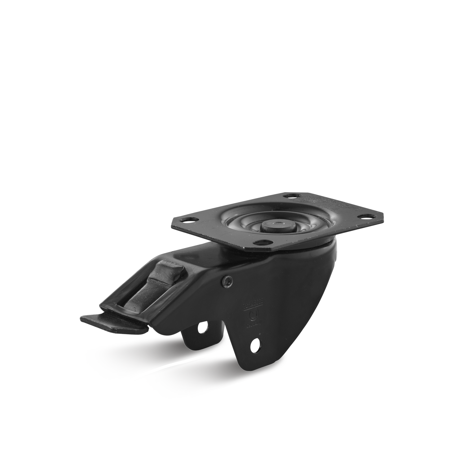A black industrial caster features a square mounting plate with four holes and a spring mechanism. It is designed for supporting and facilitating movement in various equipment within a warehouse or industrial setting.