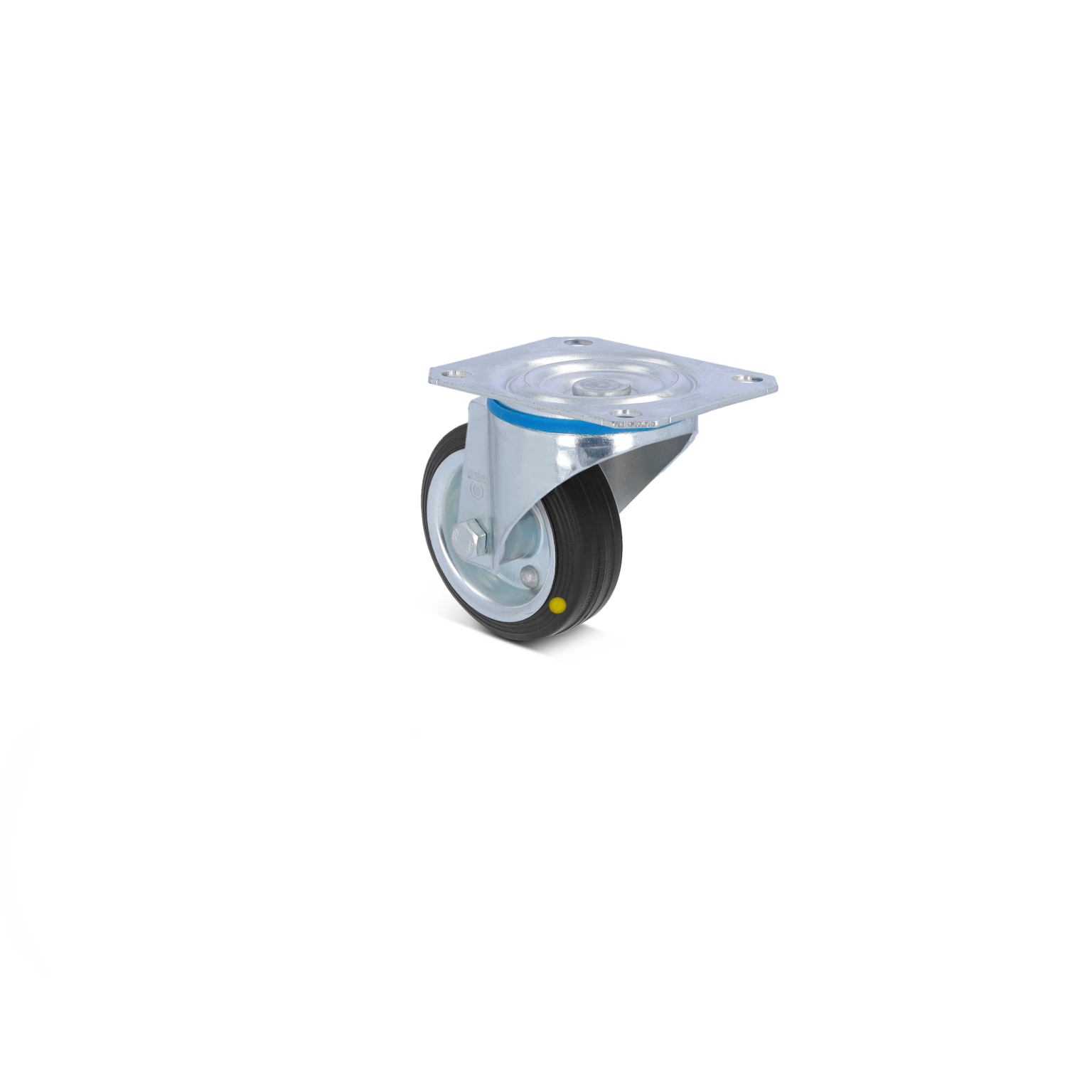 A swivel castor with a black rubber wheel is mounted on a metal plate. The plate has four holes for installation. The castor design includes a visible blue inner ring at the axle area, suggesting durability in an industrial context.
