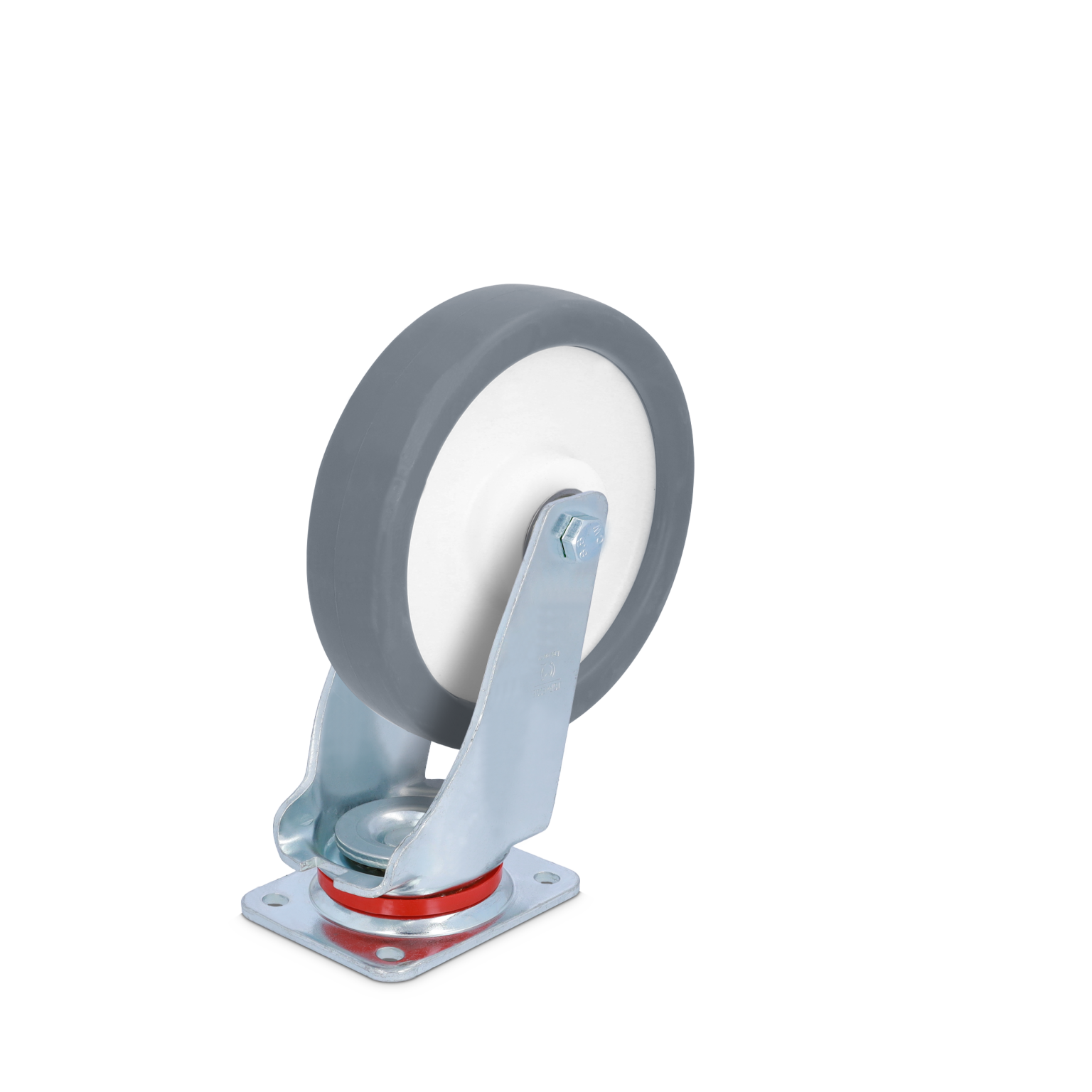A grey industrial wheel with a white center is mounted on a metal swivel plate, featuring a bolt and a red rubber ring. It-s positioned against a light background.