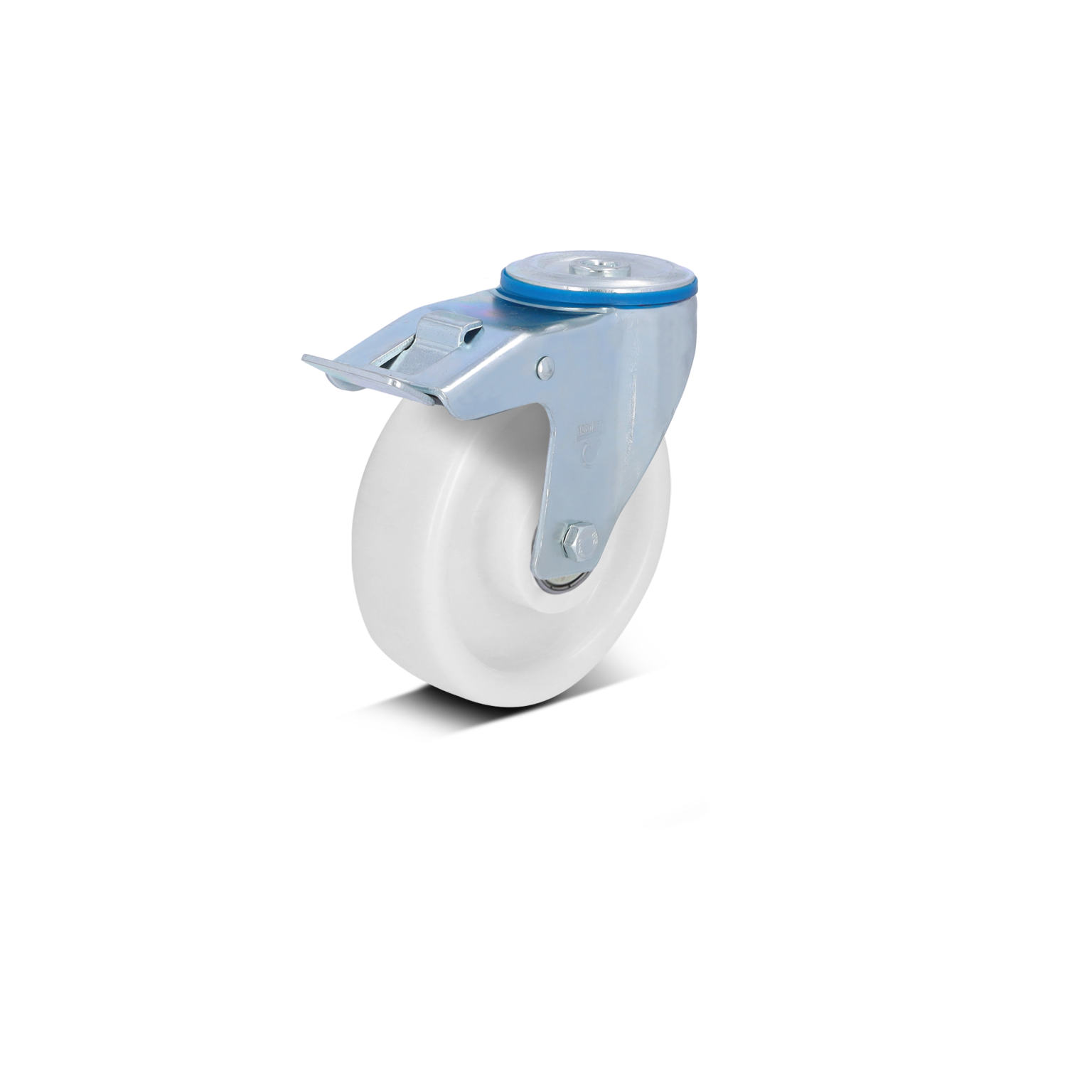 White wheel with a metal mounting bracket, featuring a rotating mechanism. It is designed for easy attachment and movement in industrial settings, showcasing a sturdy and durable construction.