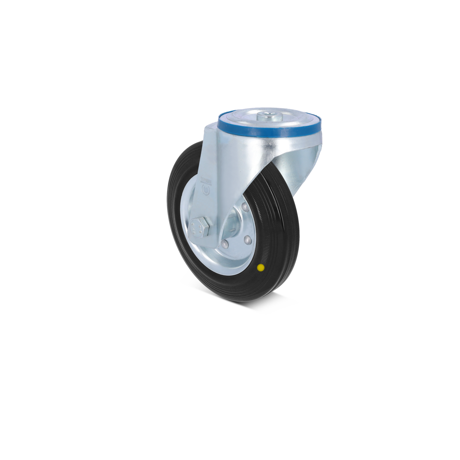 A caster wheel features a solid black rubber tire mounted on a metallic frame with a blue top. It is positioned upright against a contrasting turquoise background, suitable for industrial applications.
