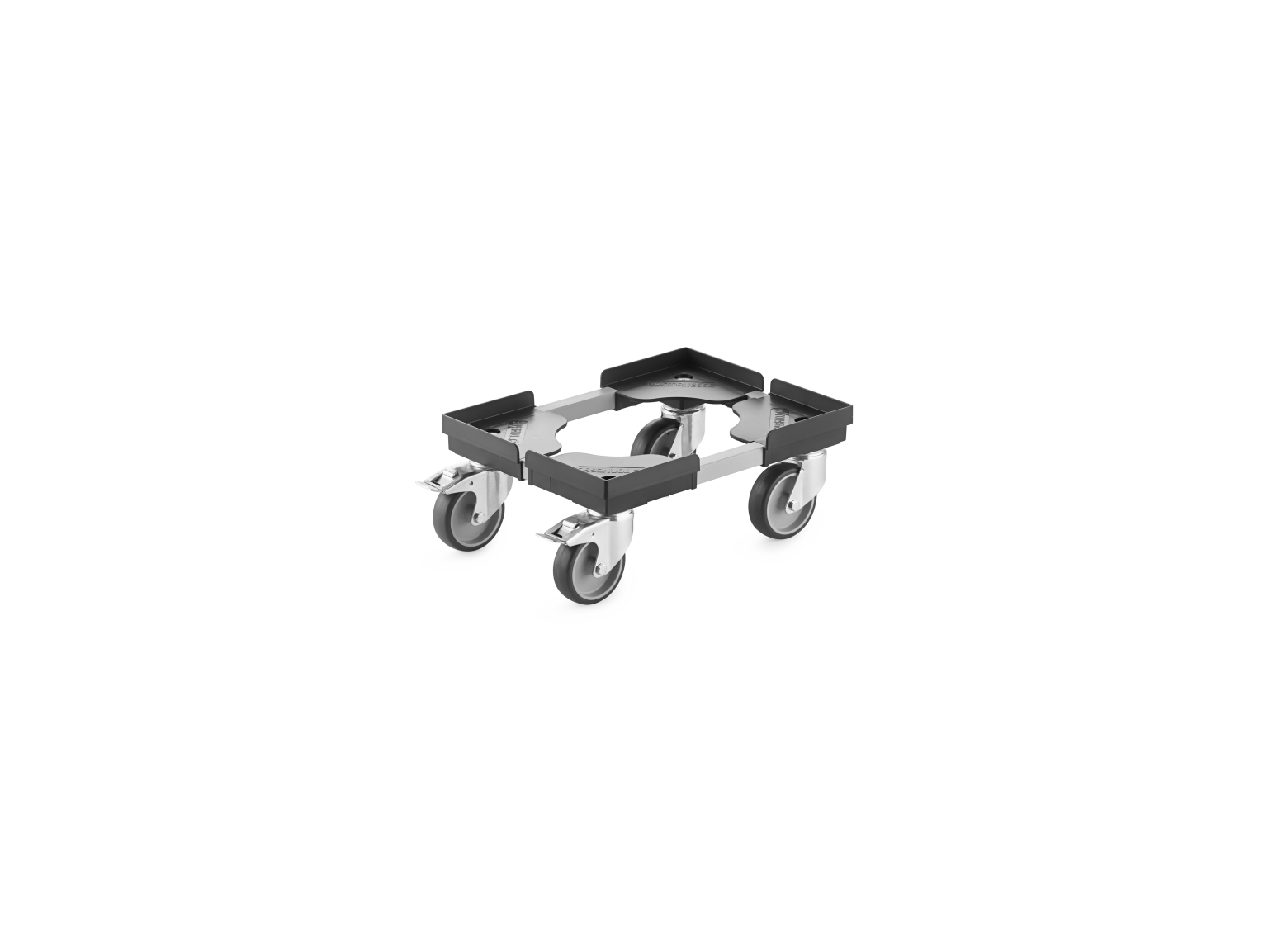 A rectangular transport trolley features four swivel castors. The structure is metal with a black finish, designed for easy movement of materials in industrial settings. It is positioned against a blank background.