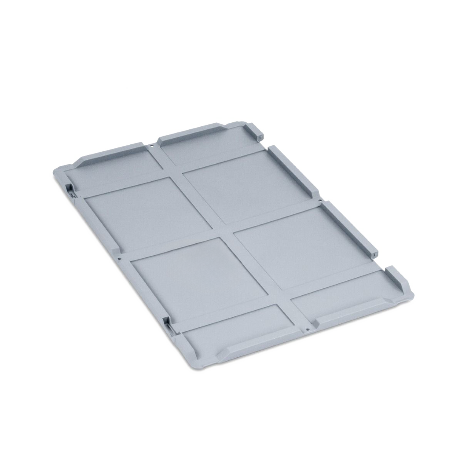 A rectangular grey plastic pallet features a flat surface divided into sections by subtle indentations. It has raised edges for structural support, suitable for material handling or storage in industrial contexts.