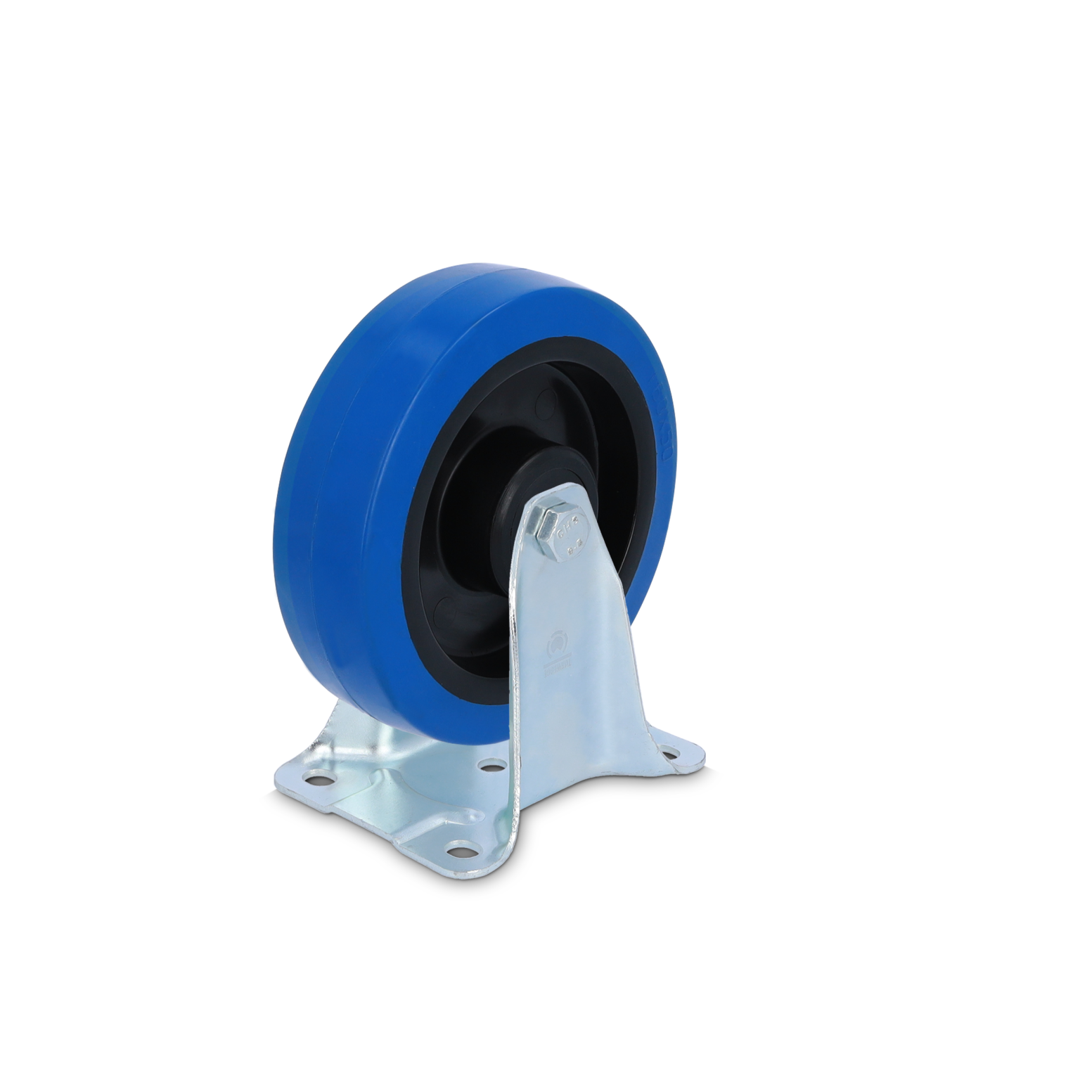 A blue industrial wheel with a black center sits on a silver metal mounting plate. The wheel features a smooth surface, designed for easy movement, and the surrounding background is plain.