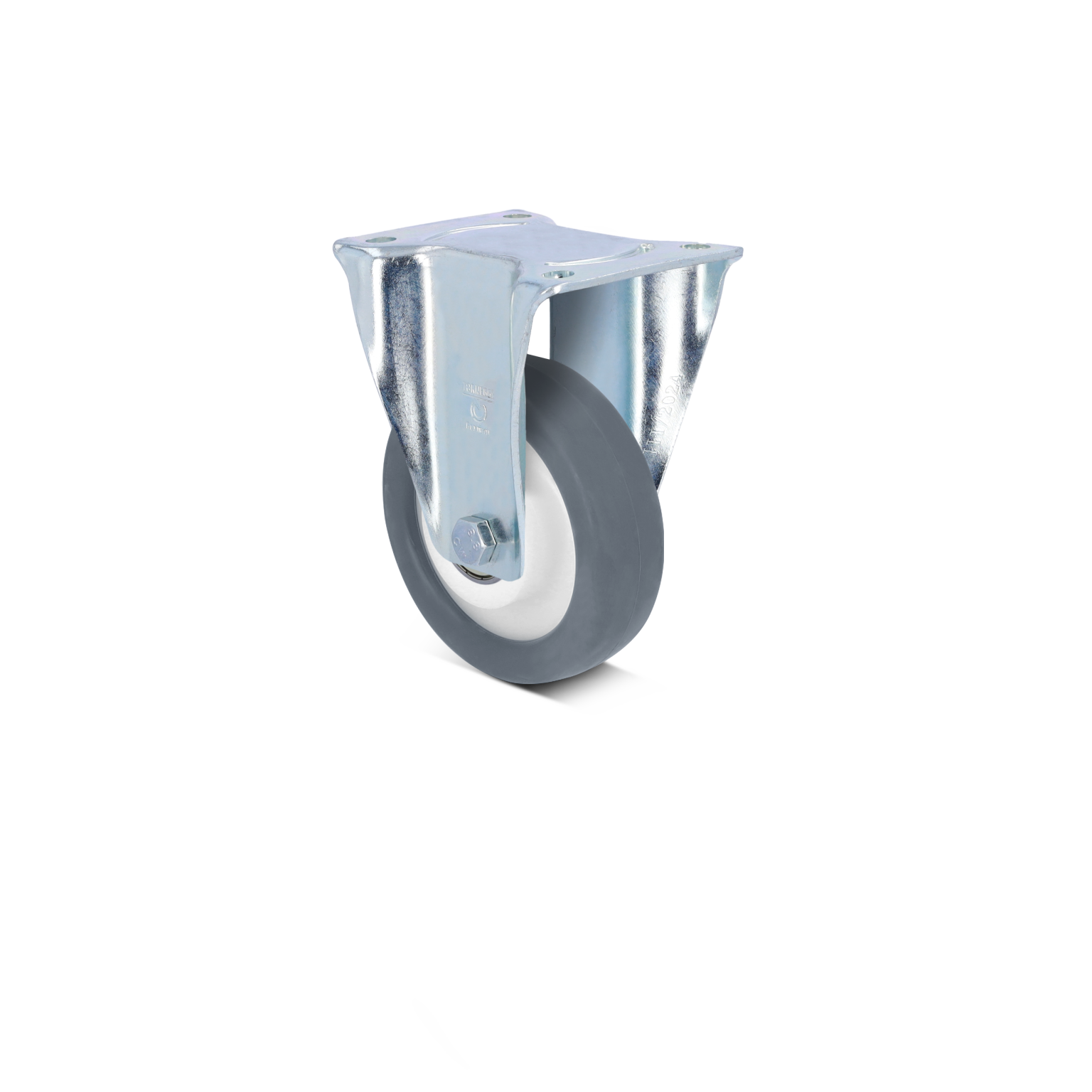 Grey rubber wheel mounted on a shiny metal swivel plate, designed for smooth mobility. The plate features holes for attachment, typical in industrial or material handling applications, isolated on a plain background.