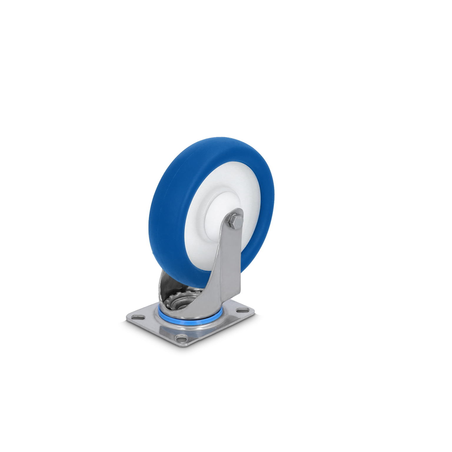 Blauwe kunststof wiel met een witte binnenring, bevestigd aan een metalen plaat met vier bevestigingsgaten. Het wiel is uitgerust met een draaimechanisme voor soepel bewegen in een industriële omgeving.