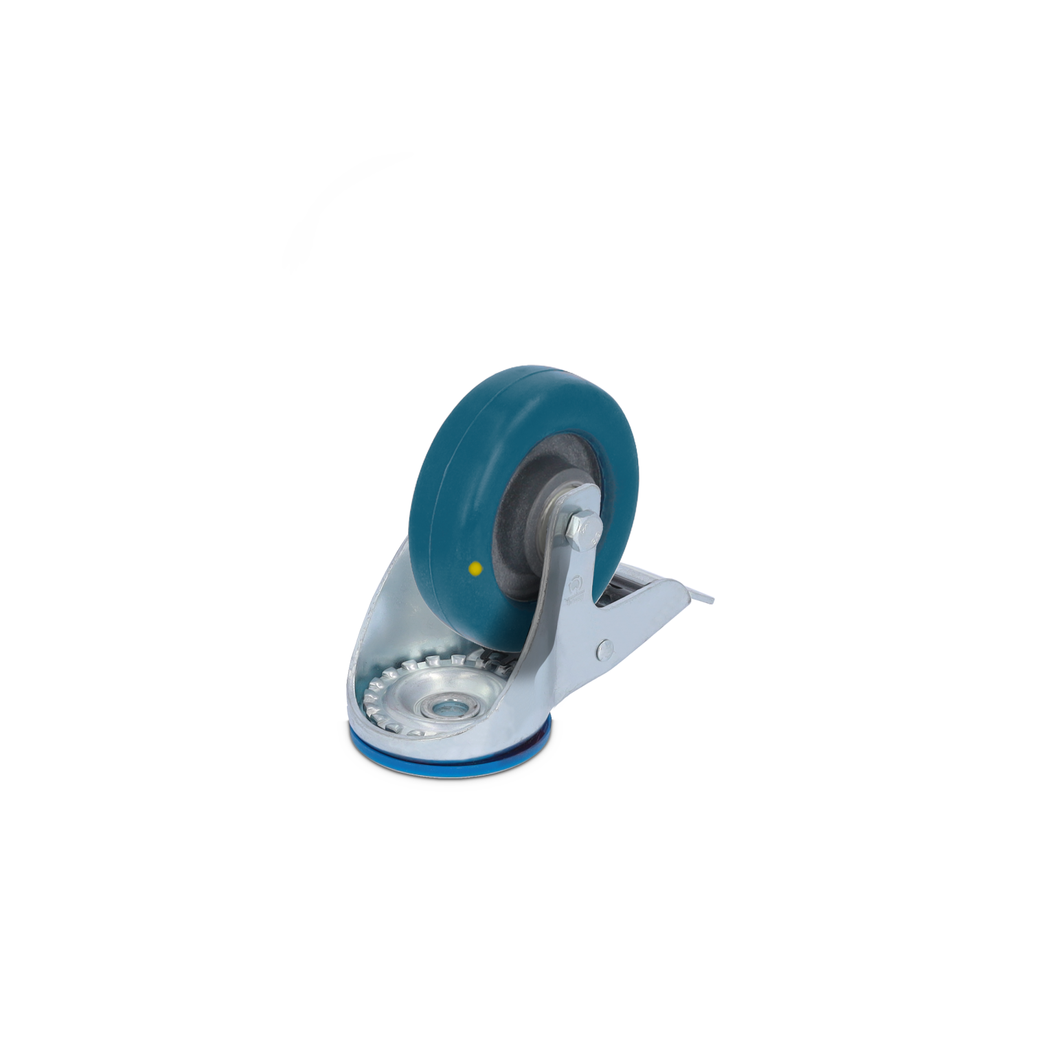 Kogellagerwiel met een stevige blauwe rubberen band en een metalen bevestigingsplaat. Het wiel is licht schuin opgesteld, met een glanzende afwerking. Geen tekst aanwezig.