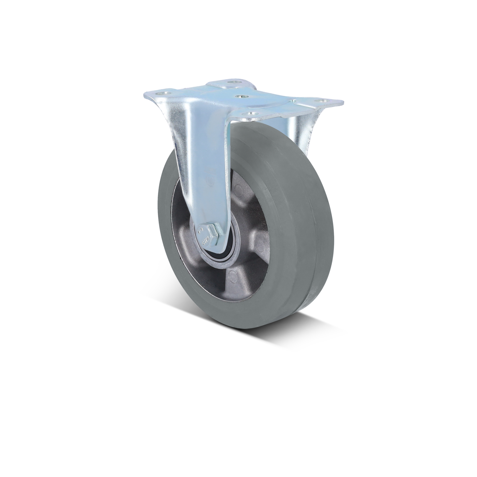 Gummirolle mit Metallhalterung, die auf einer Seite montiert ist. Die Rolle hat einen grauen Gummiring und eine schwarze innerer Kern, der in einer industriellen Umgebung verwendet wird.