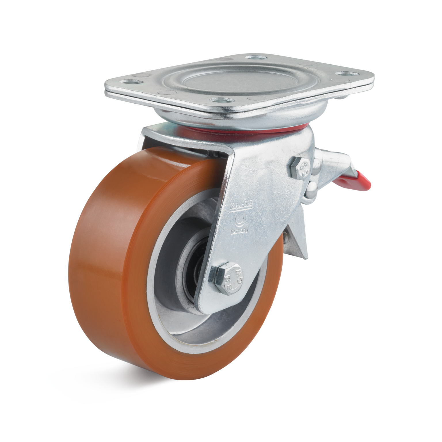 A swivel castor with a durable polyurethane wheel is mounted on a metal plate. The wheel features a visible bearing and brake mechanism, set against a minimalistic background.