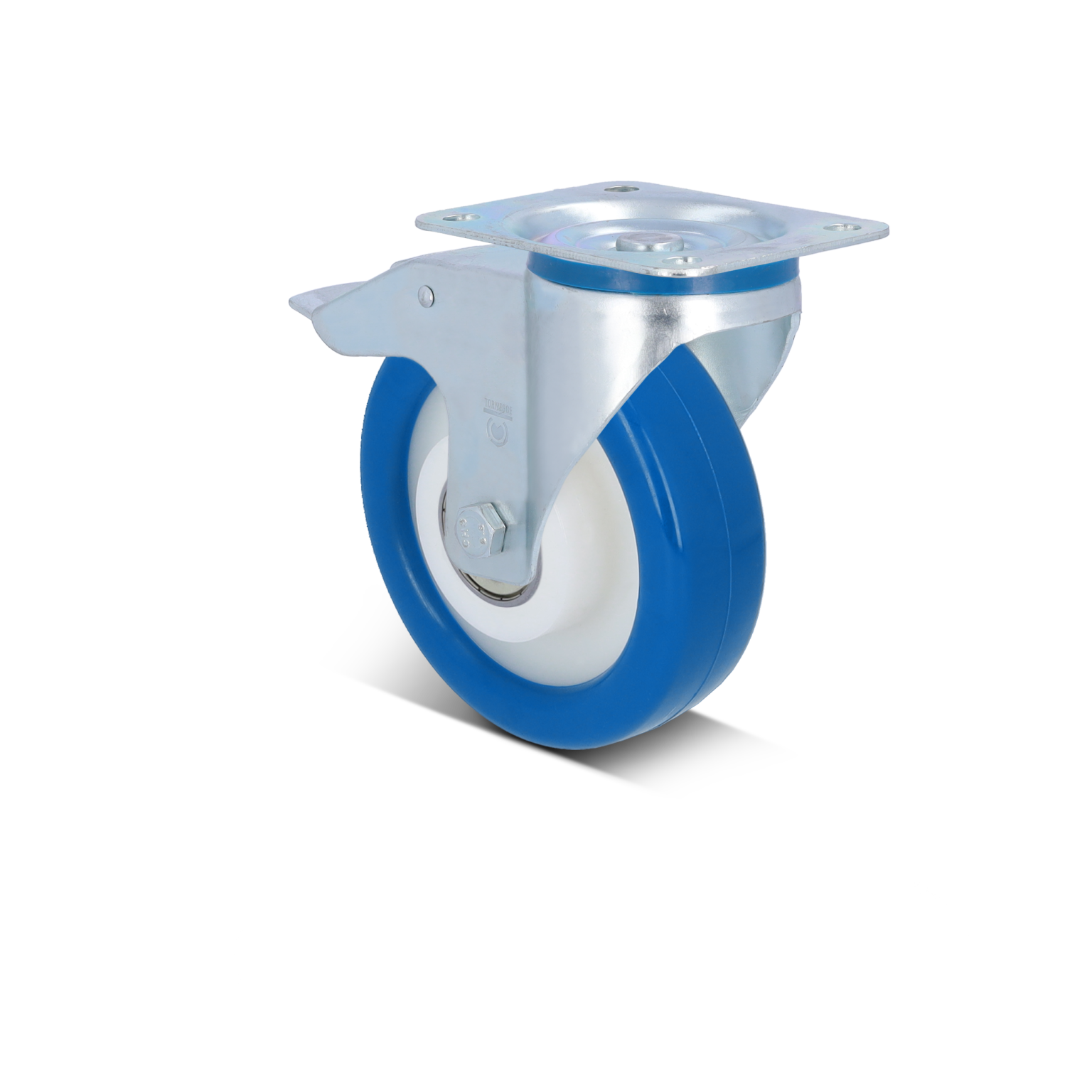 Blaue Lenkrolle mit einer Metallbasis und einer festen Montageschraube. Der Gummi-Umfang ist sichtbar und hat einen weißen inneren Ring. Die Rolle ist auf einem neutralen, schwarzen Hintergrund positioniert.