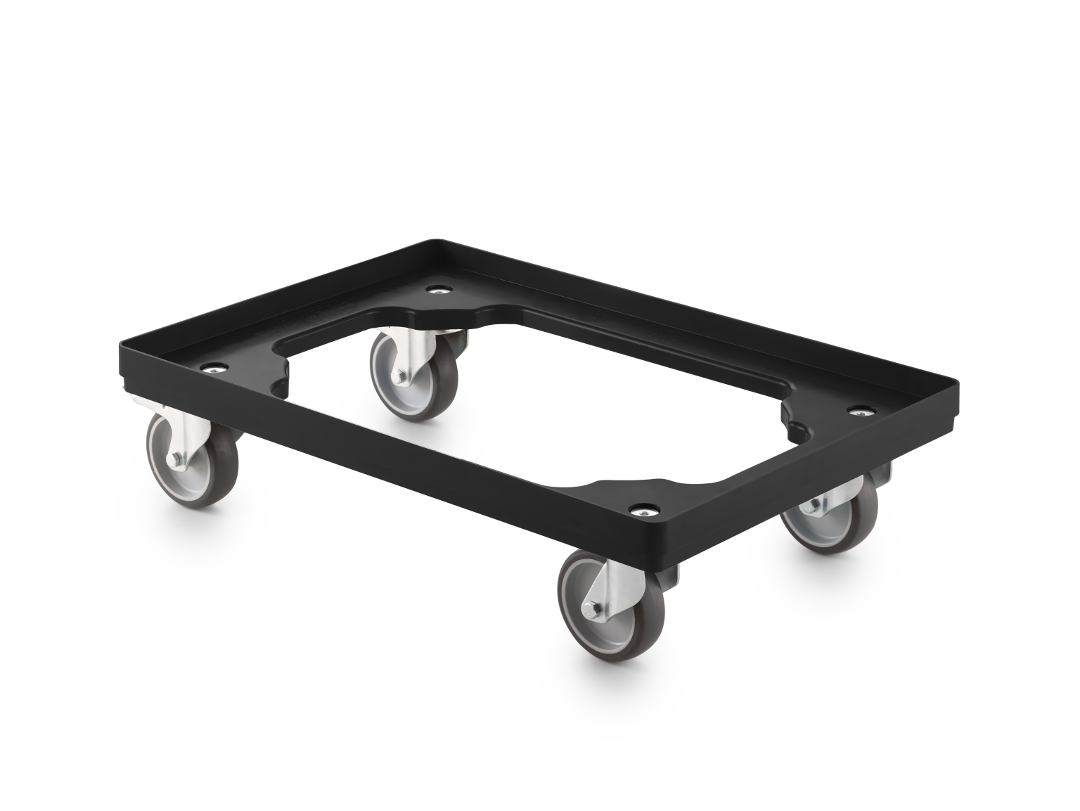 Een zwarte transporttray met vier zwenkwielen is zichtbaar. De tray heeft een rechthoekige vorm en is ontworpen voor efficiënte verplaatsing van materialen in een industriële omgeving.
