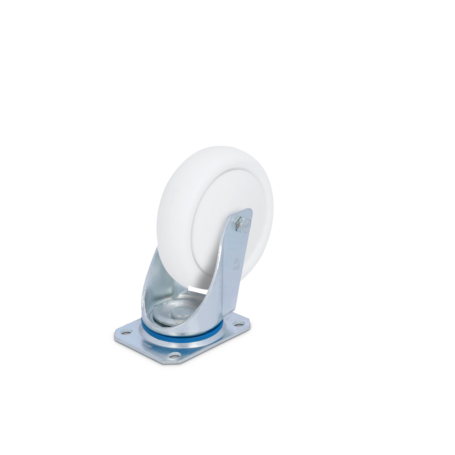 A white industrial wheel is mounted on a silver metal swivel bracket. The bracket features a square base plate with holes for fastening. The wheel is smooth, indicating suitability for various surfaces.