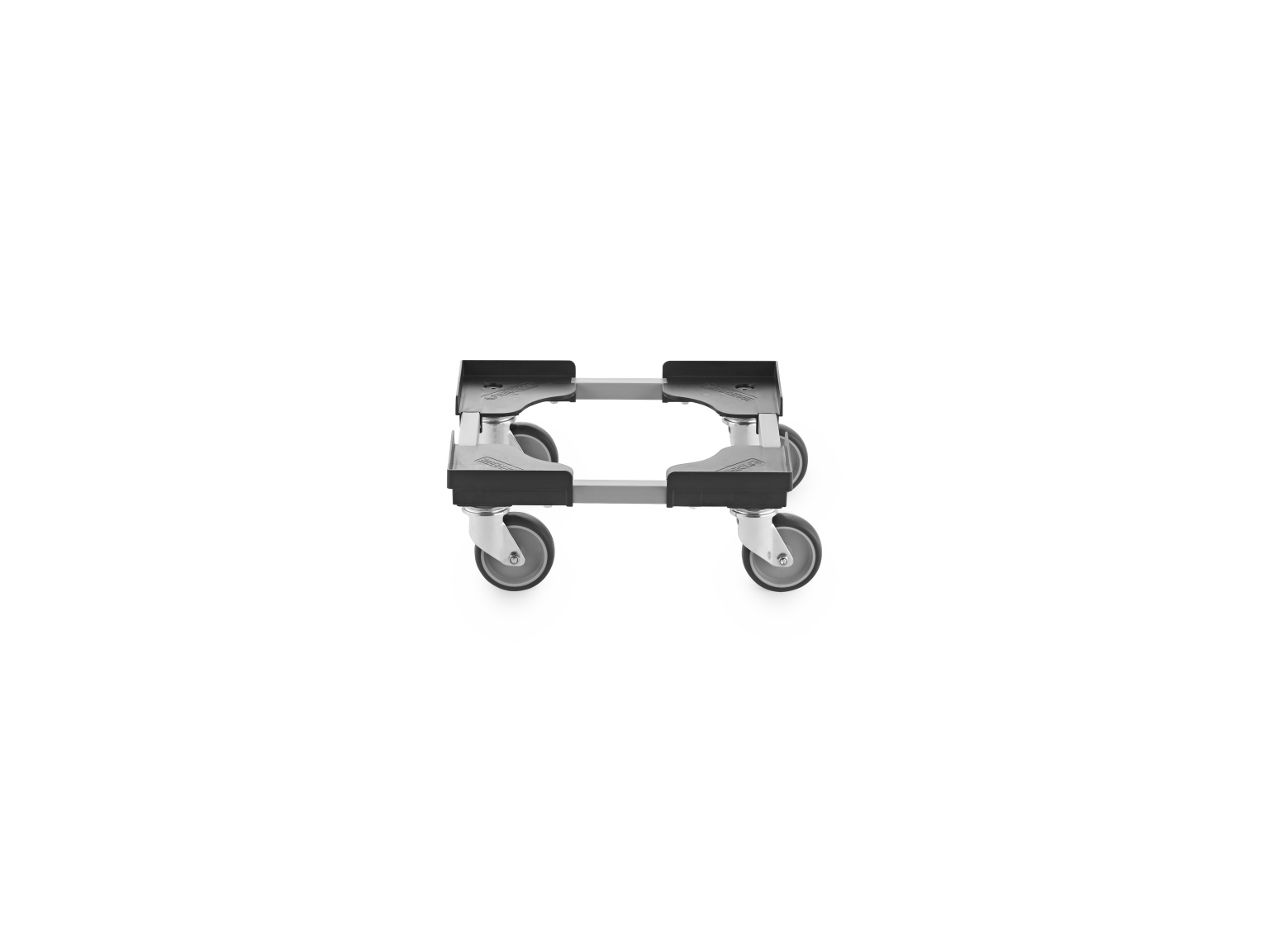 A transport trolley features a rectangular platform with four castor wheels. The construction is metal with rubberized corners for stability, set against a plain white background.