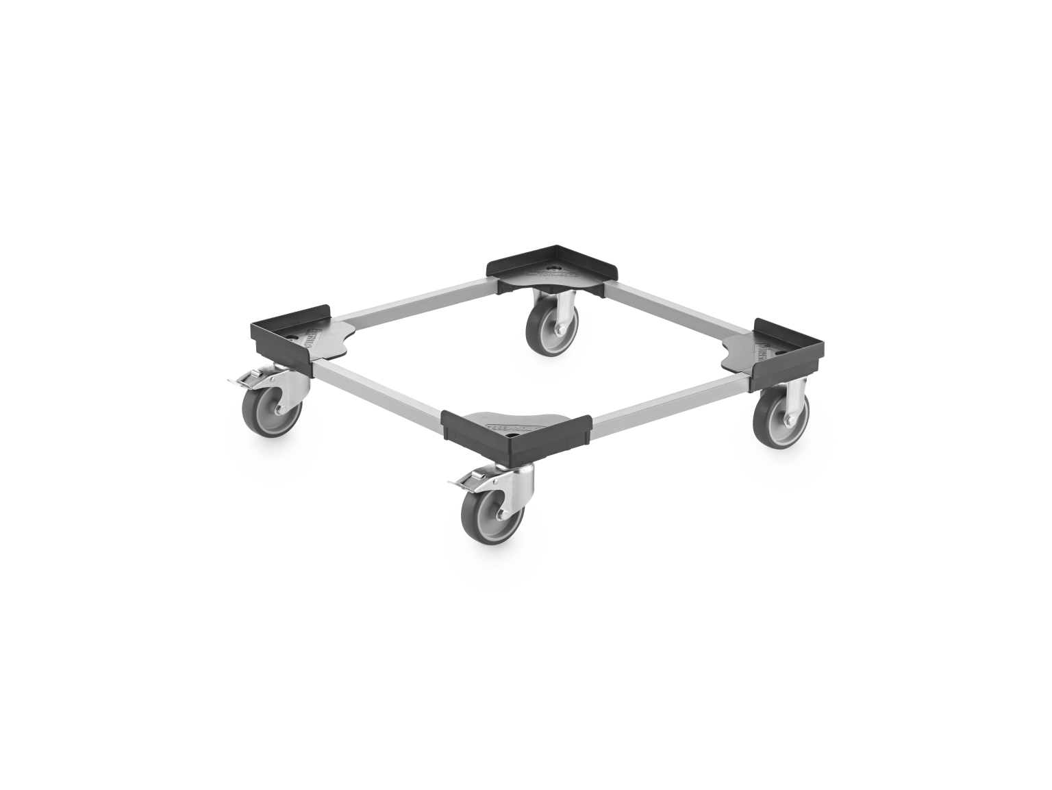 A square transport trolley frame with four industrial wheels. The frame is made of metal with plastic corner protectors, designed for mobility in an industrial setting, set against a plain background.