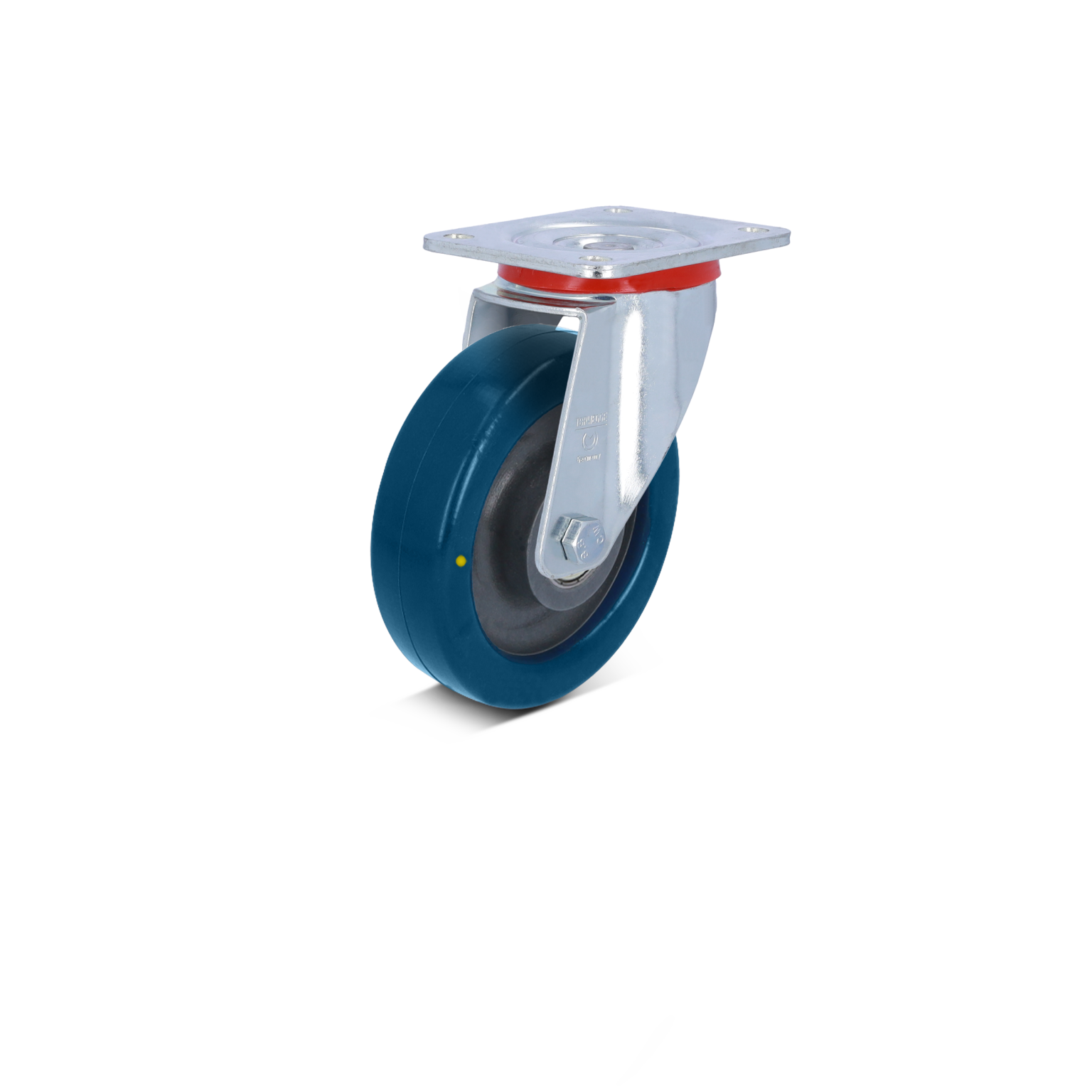 Ein blauer Industriefahrrollen mit einem soliden Gummi-Objekt und einer verchromten Metallhalterung. Die Halterung ist mit einer Montageplatte versehen, um Stabilität für Transportgeräte zu gewährleisten.