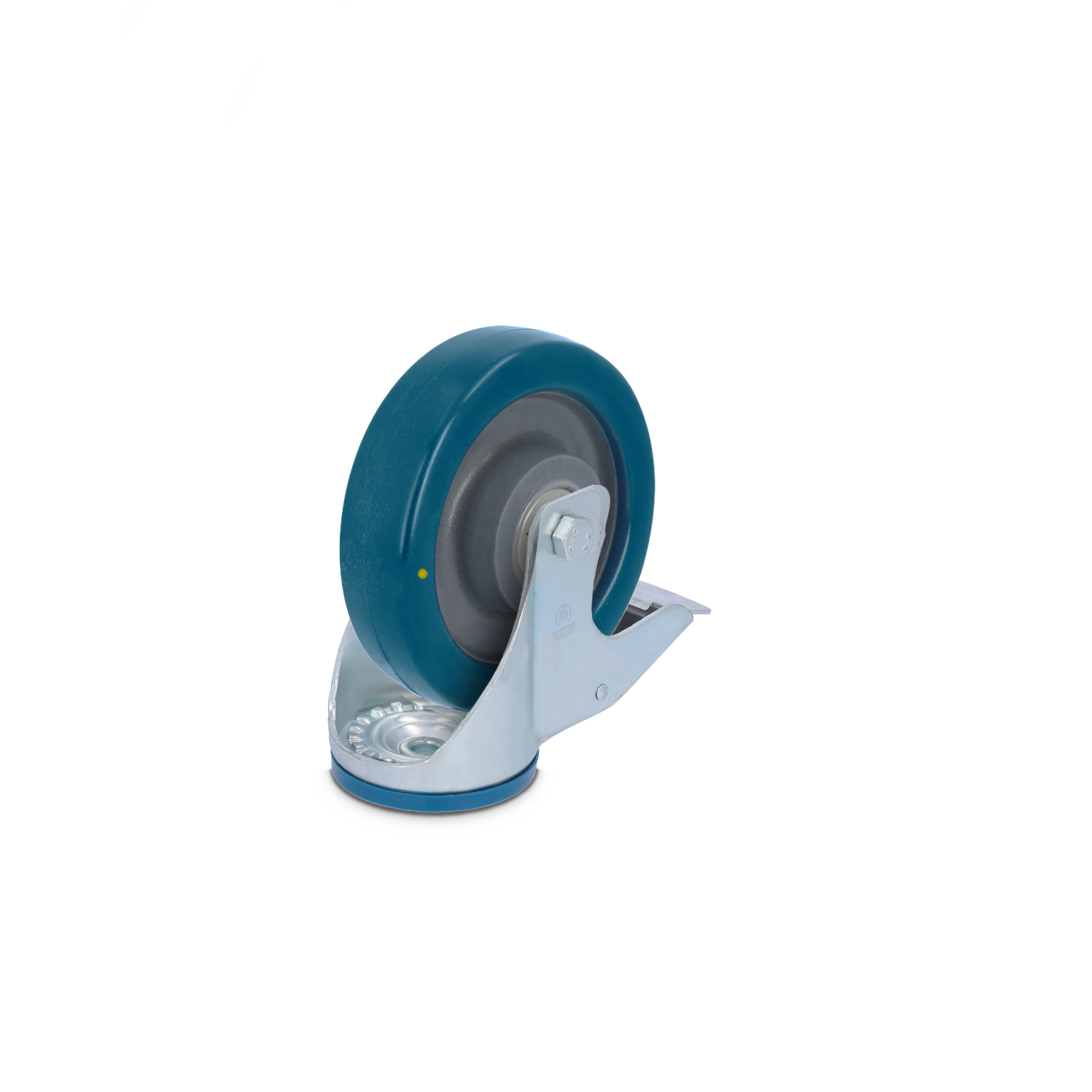 Een blauwe industriële wiel met een metalen bevestiging. Het wiel heeft een zilveren bevestigingsplaat en is zichtbaar vanaf de zijkant. De achtergrond is leeg en neutraal.
