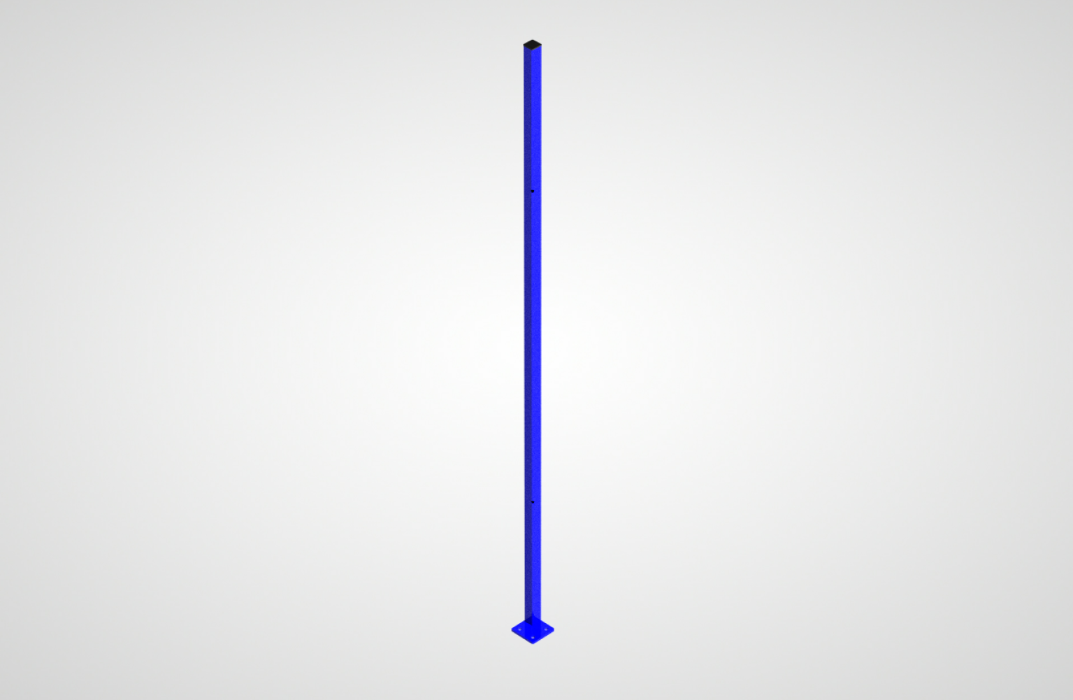 A vertical blue pole with a square base and a smooth, elongated profile. It is positioned upright against a plain, light background, indicating potential use for structural support or mounting in industrial settings.