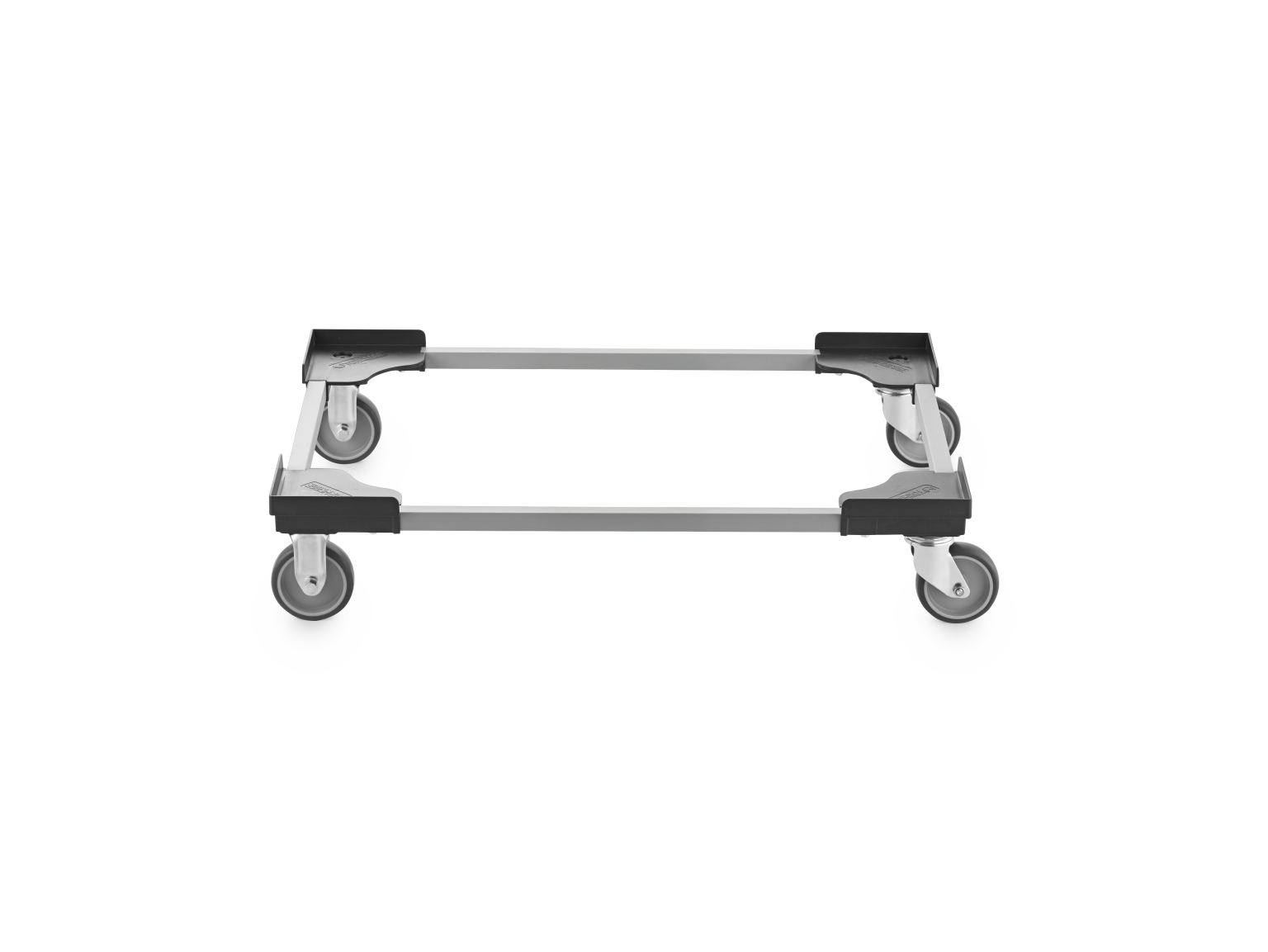 A transport trolley features a metal frame with four swiveling castors at each corner. The structure is compact and designed for easy mobility in industrial settings.