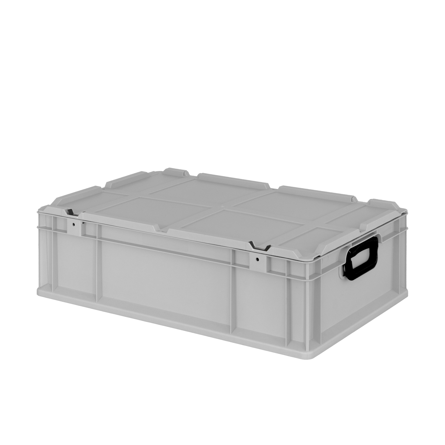 A grey plastic storage box with a flat lid and side handles is shown at an angle. It features a rigid structure with reinforced corners, designed for organizational purposes in industrial settings.