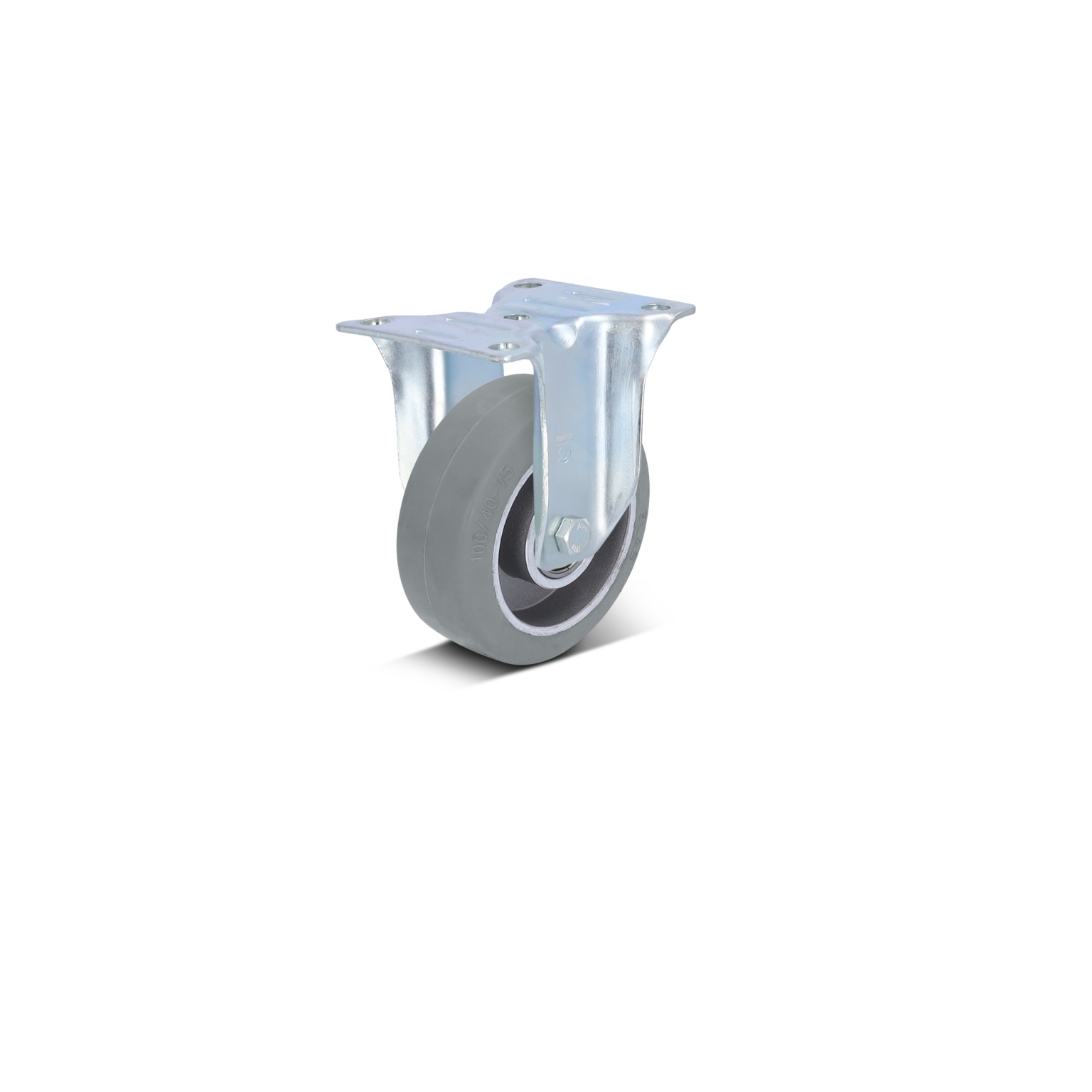 Ein grau-gummi Räder mit einer Metallhalterung ist sichtbar. Die Halterung hat zwei Löcher für die Montage. Der Hintergrund ist schwarz und hebt das Rad hervor.