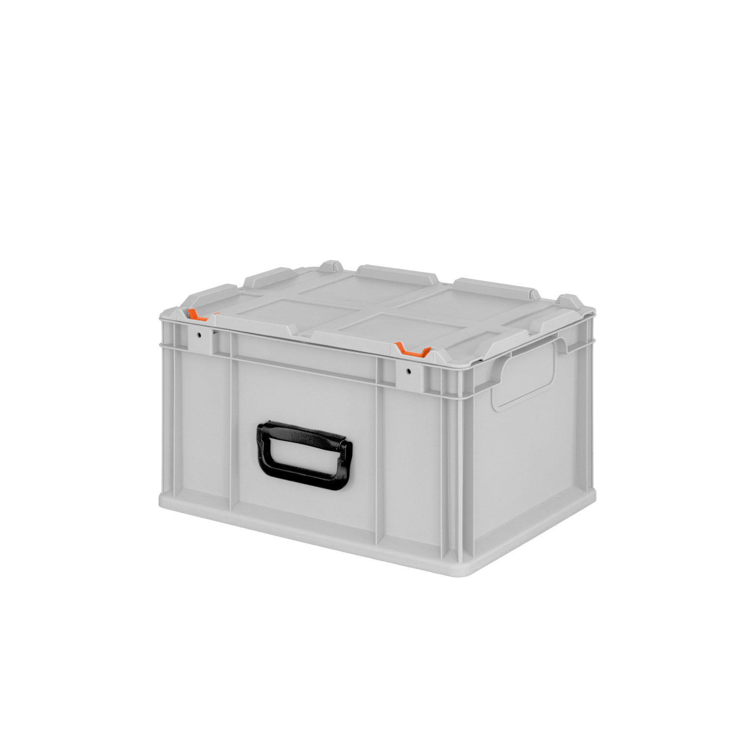 A rectangular plastic storage box features a gray body with a black handle and orange locking clips on the lid. It is set against a plain black background.