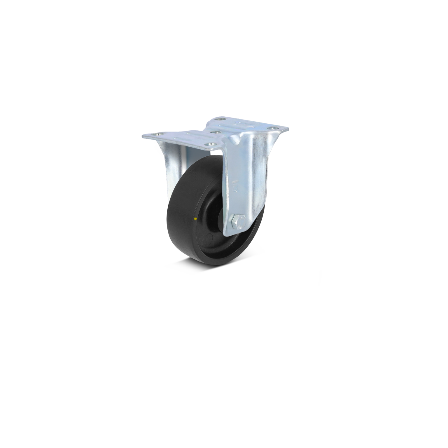 Zwart rubber wiel met een metalen bevestigingsplaat. Het wiel is bevestigd aan een stevige zilverkleurige montagerail. De achtergrond is eenvoudig en neutraal, zonder extra elementen.