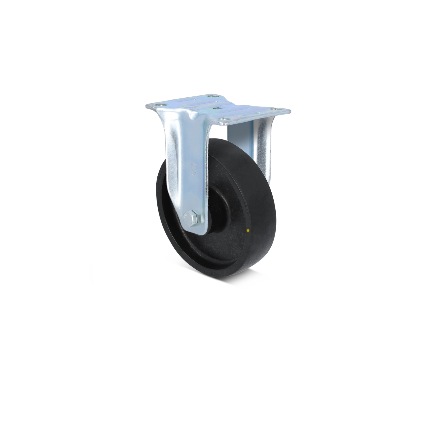 Zwart rubberen wiel met een metalen bevestigingsplaat. Het is ontworpen voor mobiliteit en bevindt zich tegen een neutrale achtergrond. Geschikt voor gebruik in industriële toepassingen.