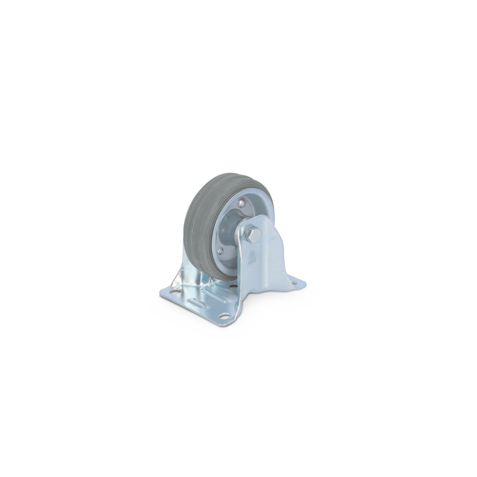 A swivel caster wheel is mounted on a metal plate with four screw holes. The gray rubber wheel is partially visible, showcasing its smooth surface, suitable for mobility in various industrial contexts.