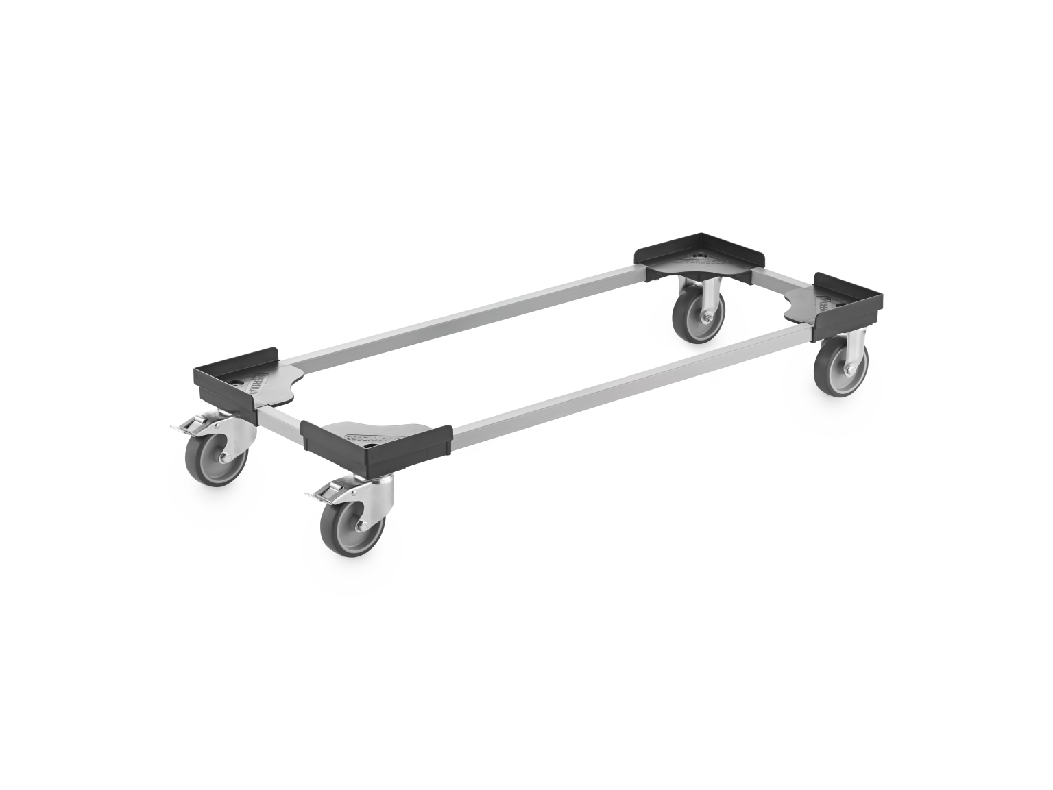 A transport trolley features a rectangular frame made of metal, equipped with four swiveling castors. It is designed for easy movement of goods in industrial settings, set against a plain background.