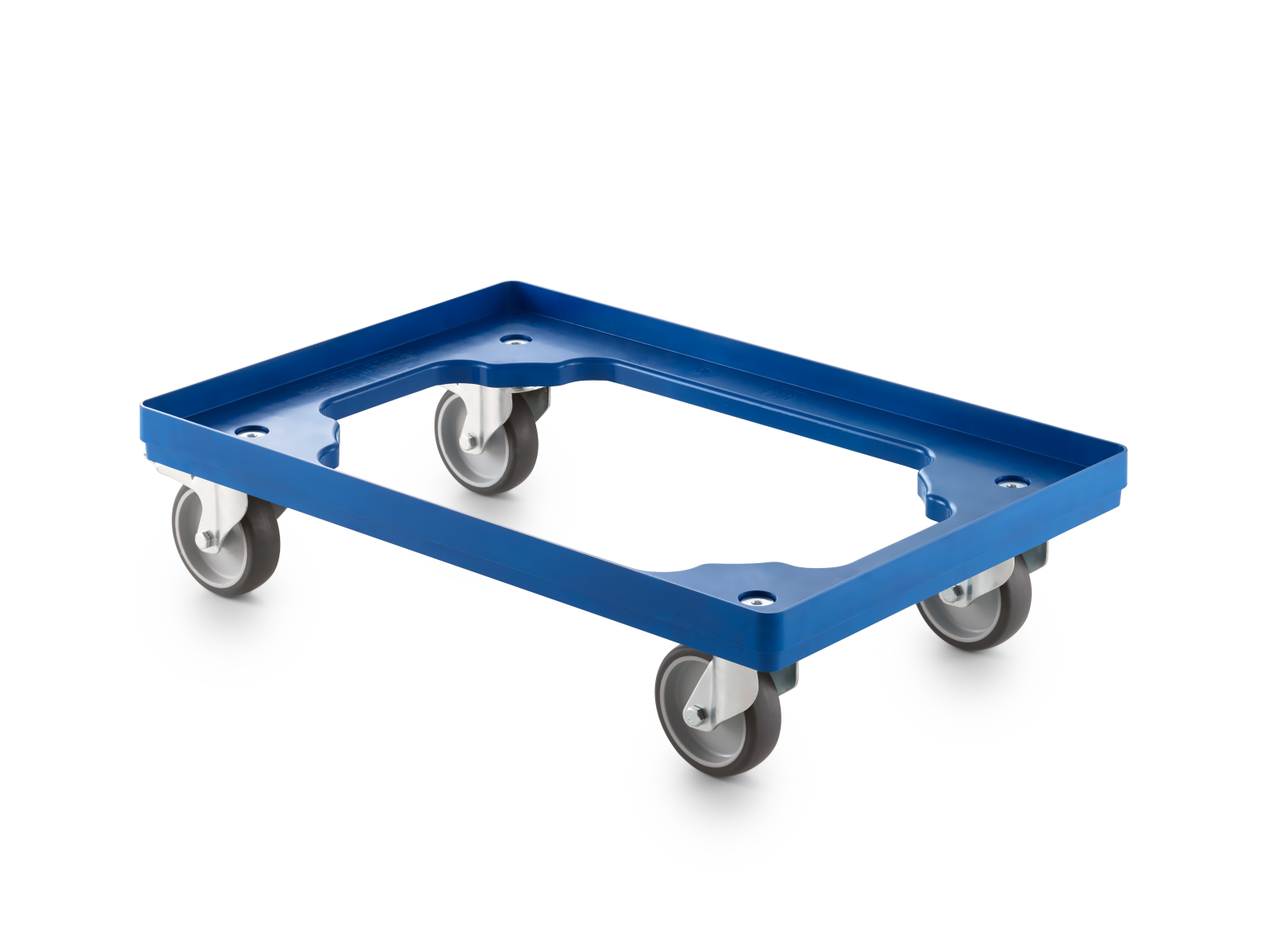 A rectangular blue transport trolley features a flat base and rounded edges, equipped with four gray swivel castors. It is positioned at an angle against a plain background.