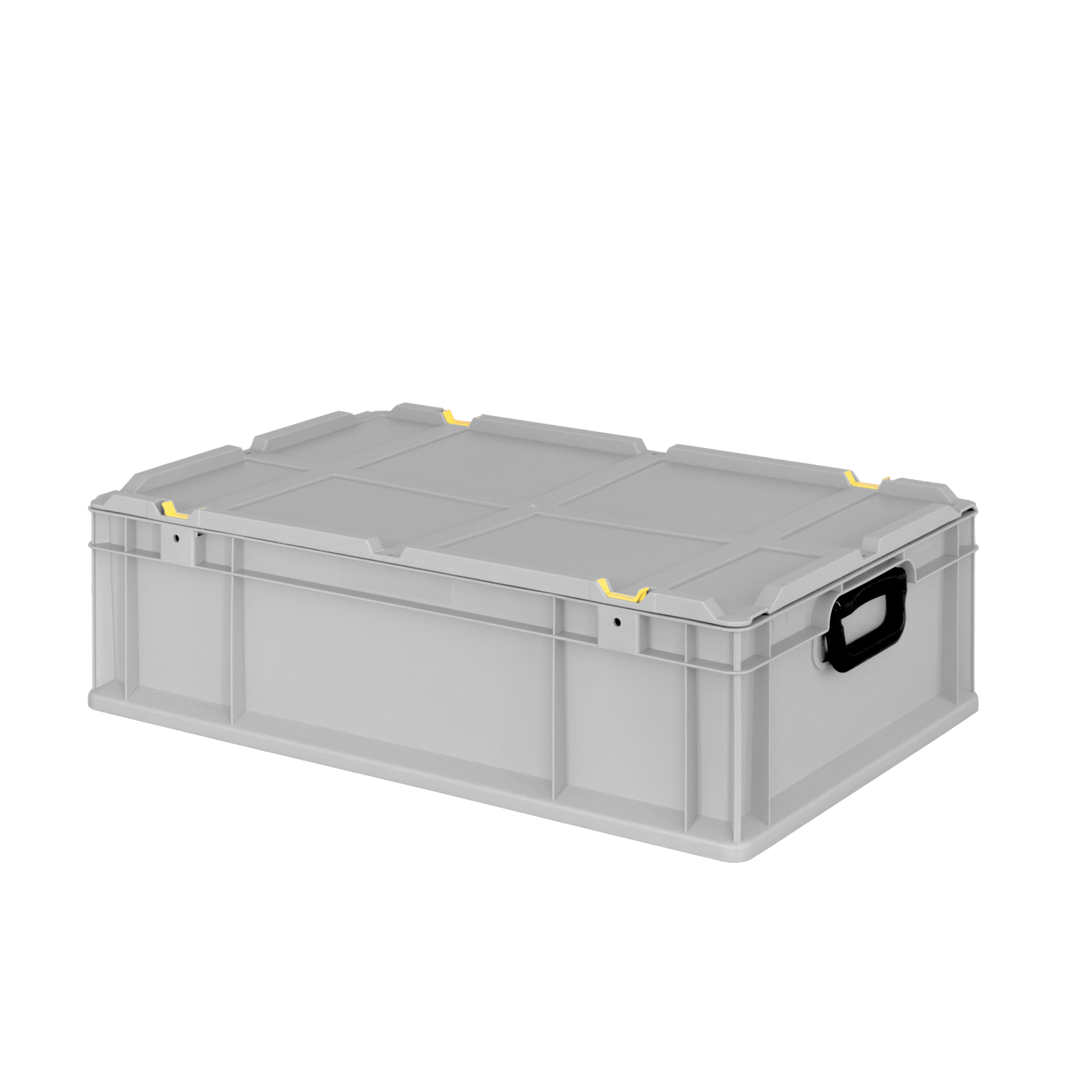 A gray plastic storage box with a flat lid, featuring yellow clips for securing the lid and a black handle on one side for easy transport. The box is designed for industrial use.