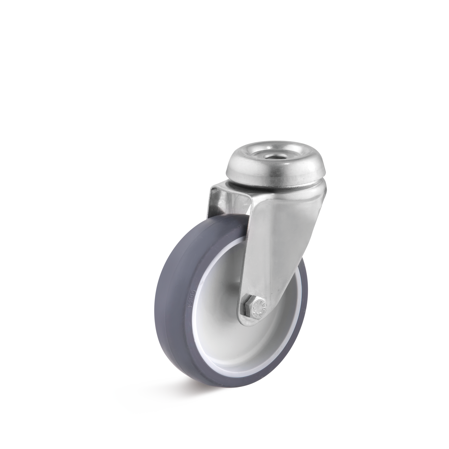 A grey rubber wheel mounted on a silver metal swivel bracket, featuring a circular mounting plate at the top for easy attachment to equipment, against a plain background.