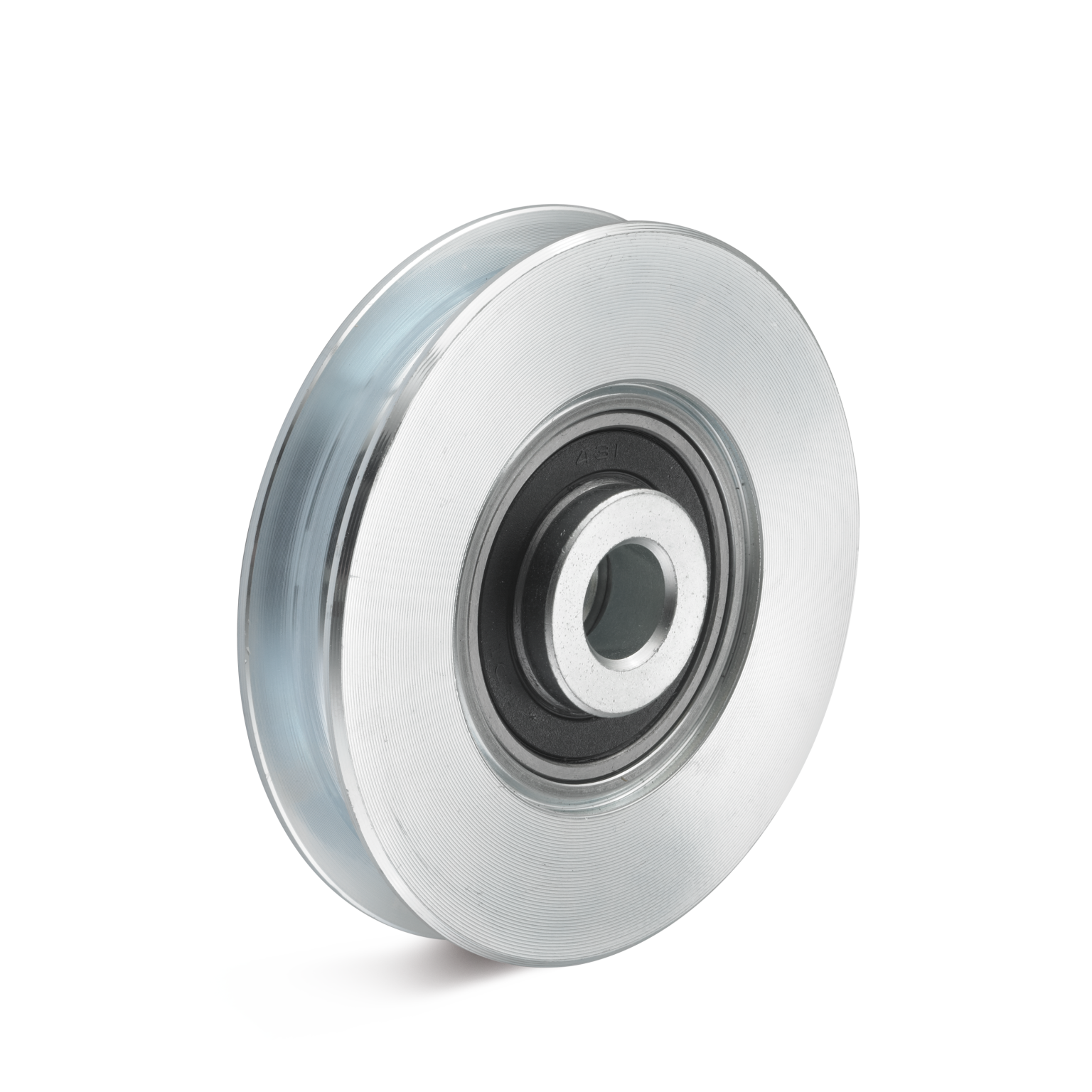 Ronde industriële wiel met een metalen rand en een centrale assenhouder. Het wiel is transparant en heeft een glad oppervlak. De achtergrond is neutraal en minimalistisch.