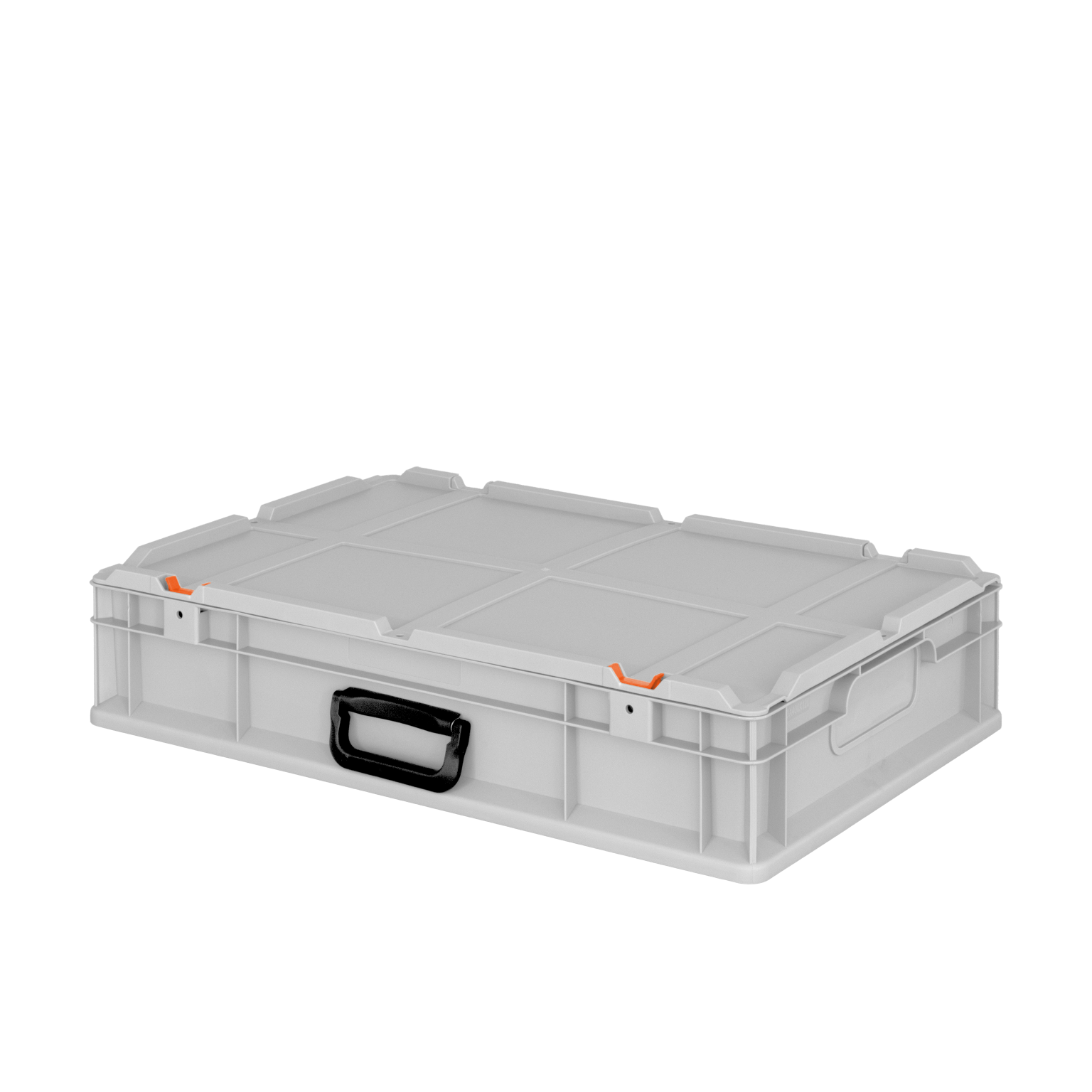 A rectangular plastic storage box is shown, featuring a sturdy handle and orange clips. It has a flat top with ribbed design and is positioned on a neutral background.