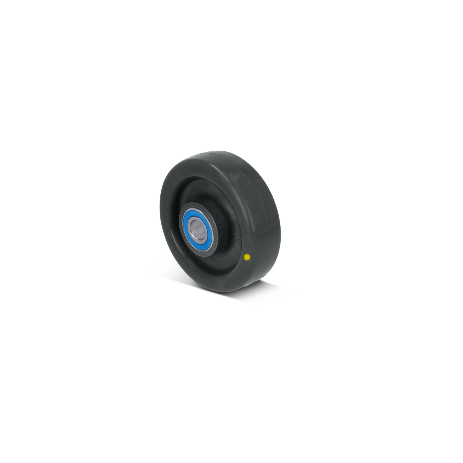 Zwarte rol met een centrale lager, voorzien van een blauwe ring. De rol is cilindervormig en staat op een onduidelijke achtergrond, wat de focus op het object legt.