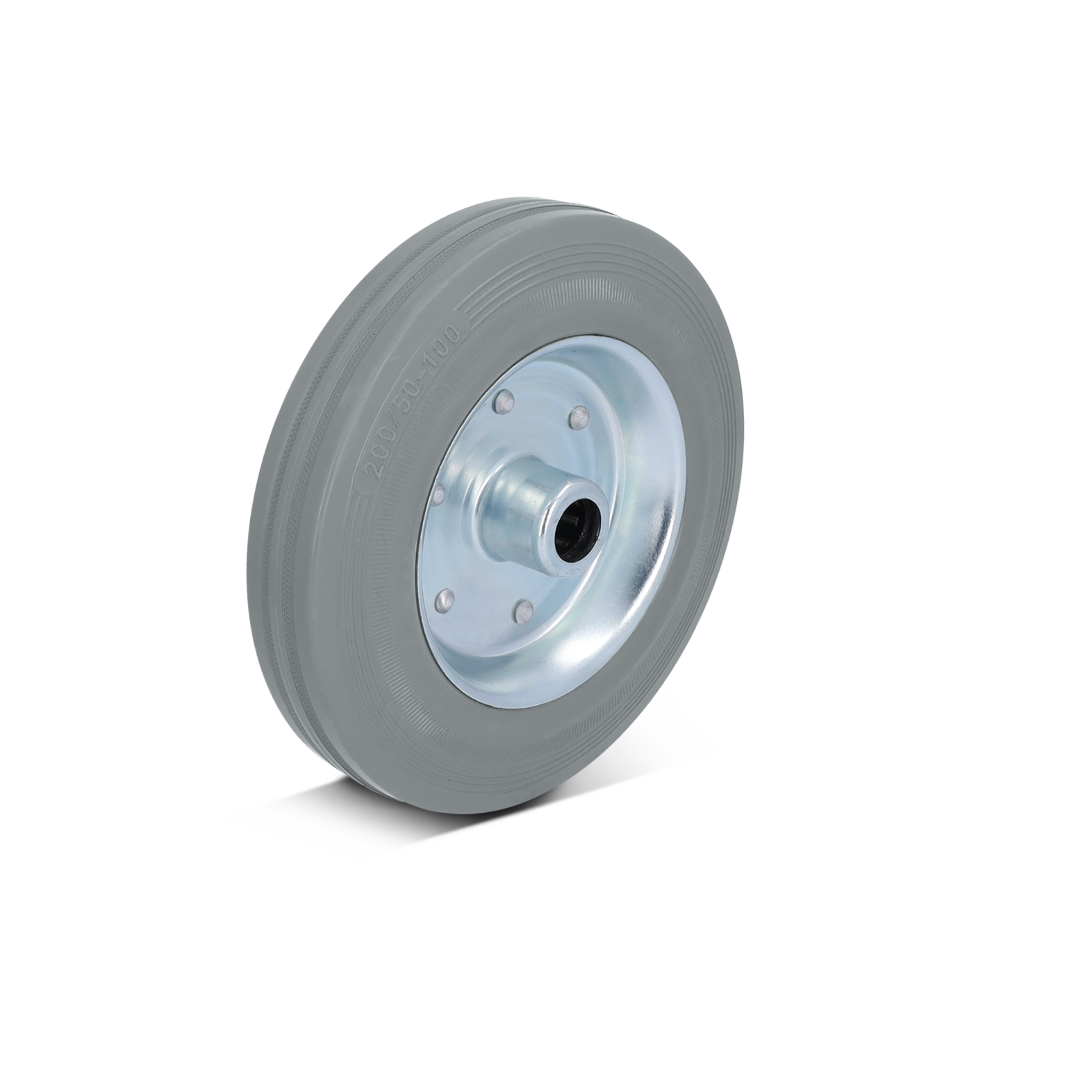 Grijze wiel met een stalen velg en kogelgelagerde as. Het profiel bevat ribbelstructuren. Deze component bevindt zich op een neutrale achtergrond, geschikt voor gebruik in intralogistiek.