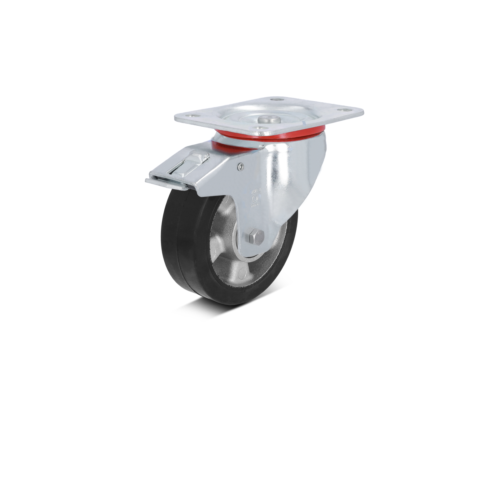A swivel castor wheel features a black rubber tire and a shiny metal mounting plate. The wheel is positioned upright, showcasing its durable construction and locking mechanism.