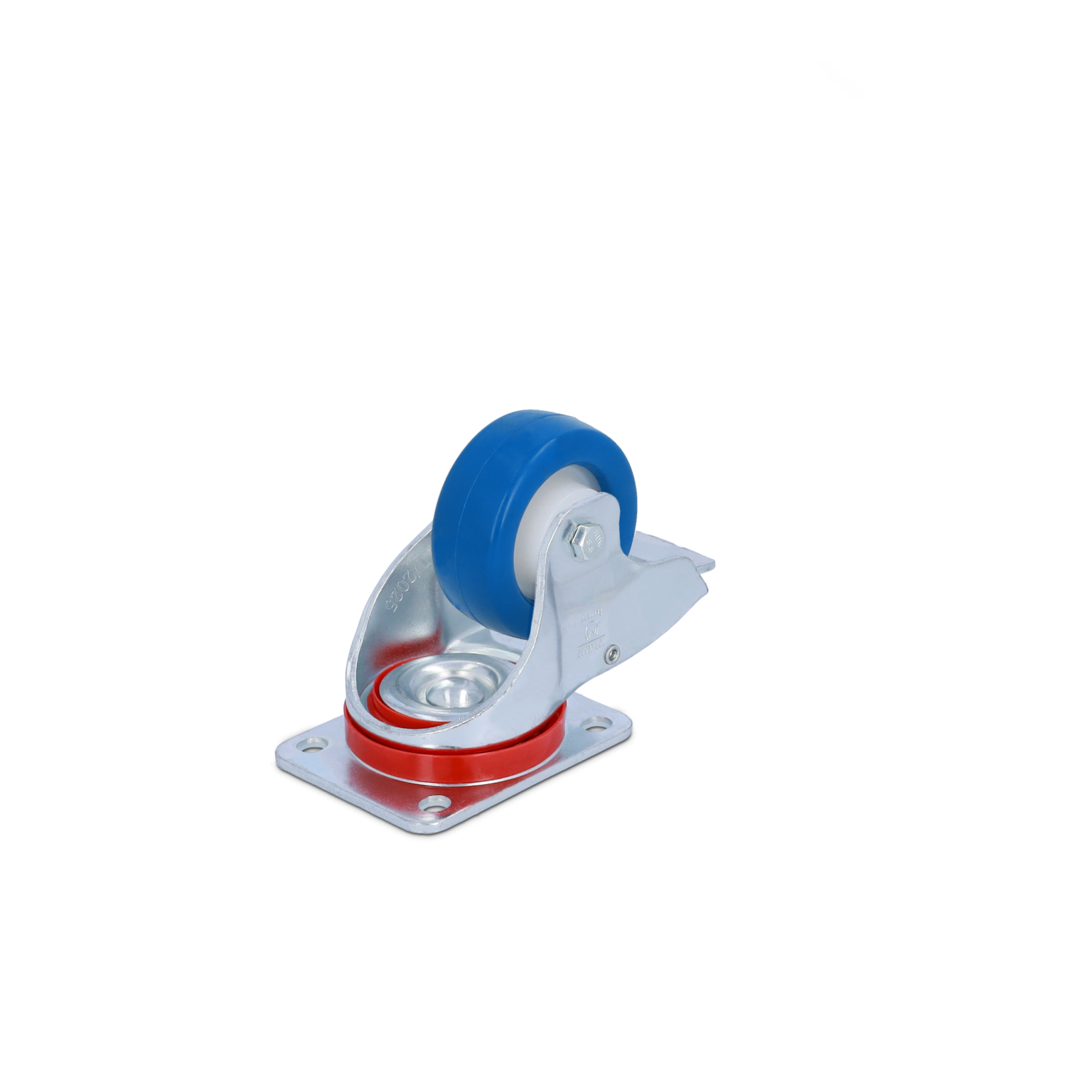 Ein blauer Gummirollen mit einer verchromten Metallhalterung, montiert auf einer rechteckigen Grundplatte. Der Roller ist aufrecht positioniert, um die Funktionalität und die Drehbewegung zu zeigen.