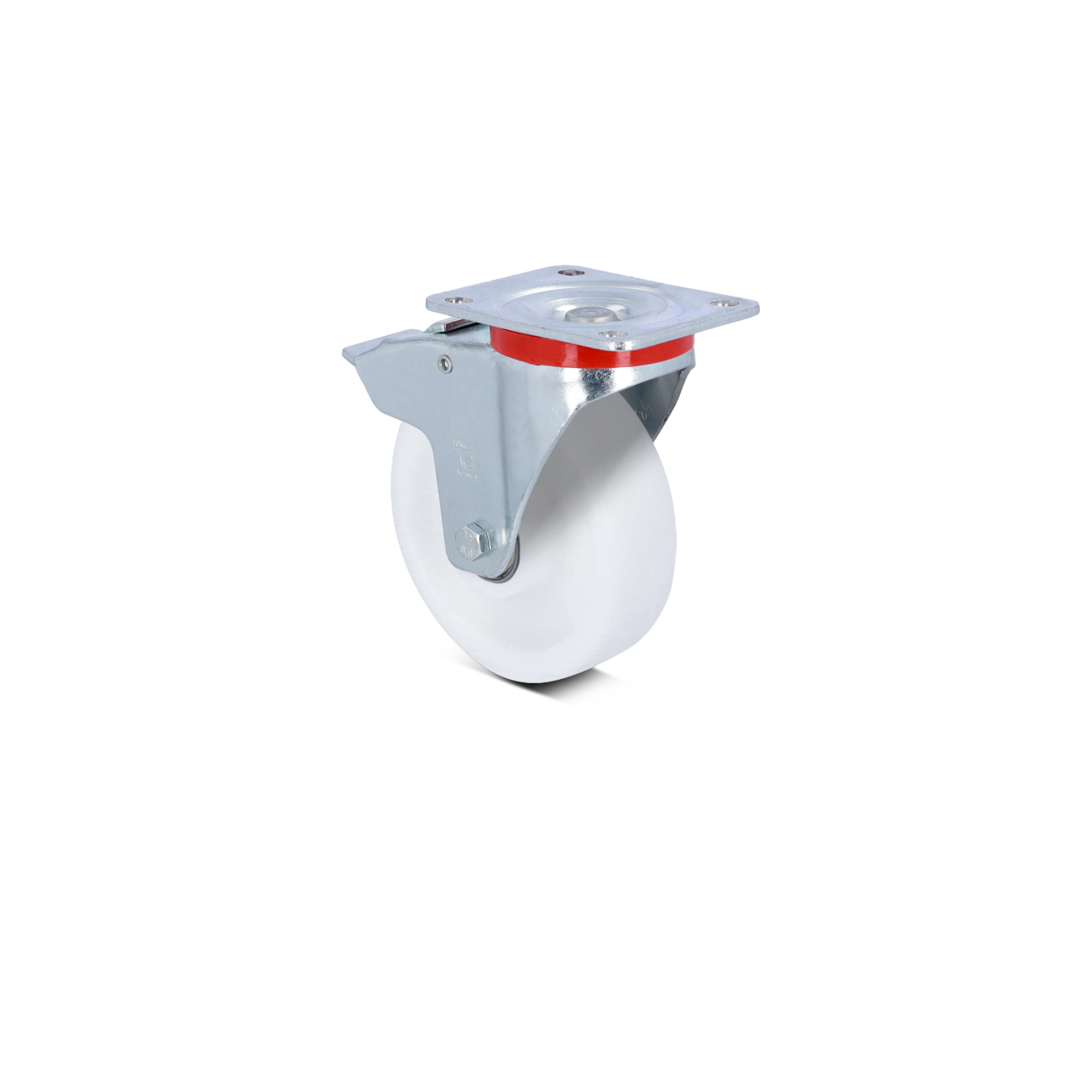 A white industrial wheel mounted on a metallic swivel castor with a shiny finish. It features a square mounting plate with four holes for installation, showcasing a simple and functional design. The background is plain.
