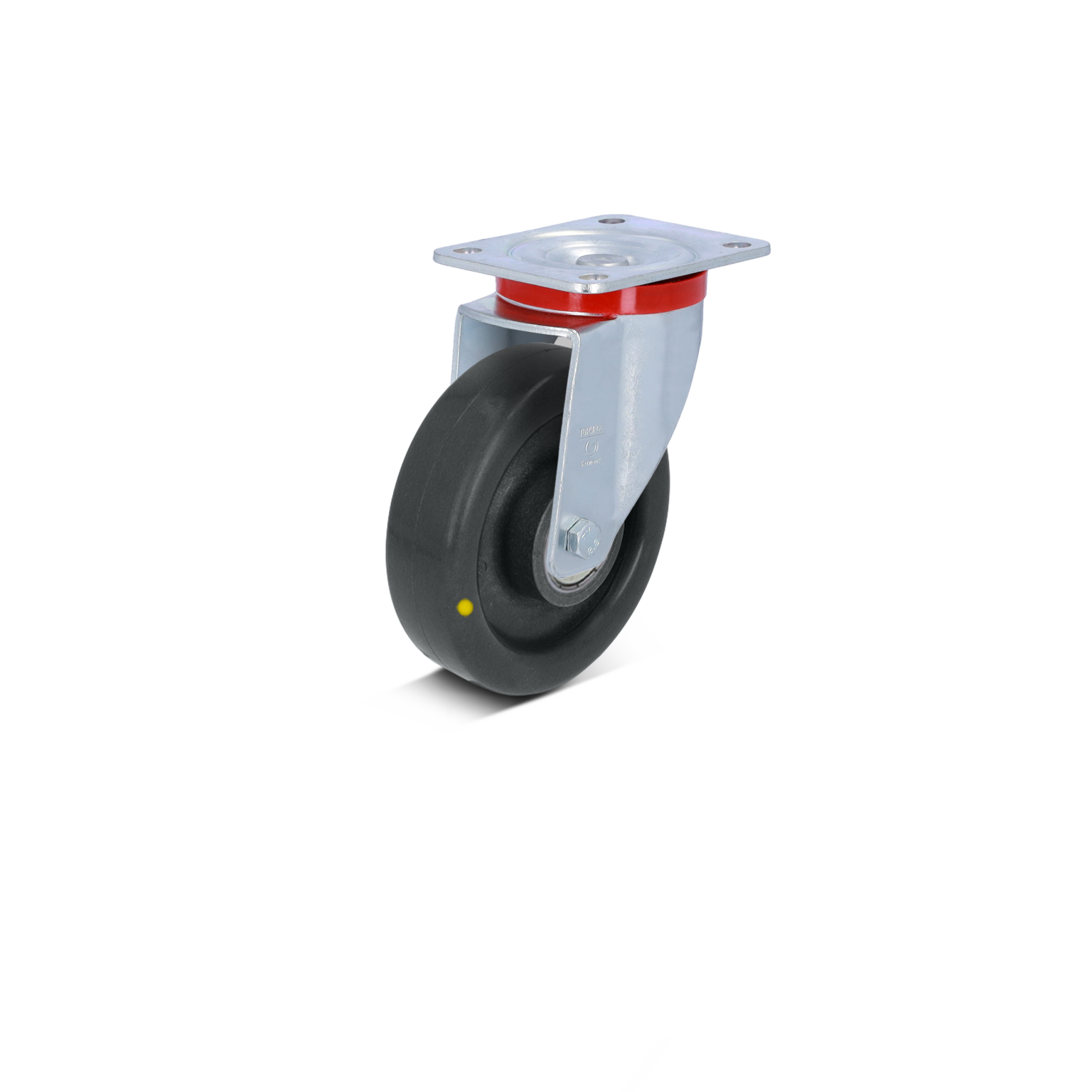 A swivel castor features a black rubber wheel with a metal bracket. The bracket is silver and includes a mounting plate with holes for attachment, suitable for various industrial applications.
