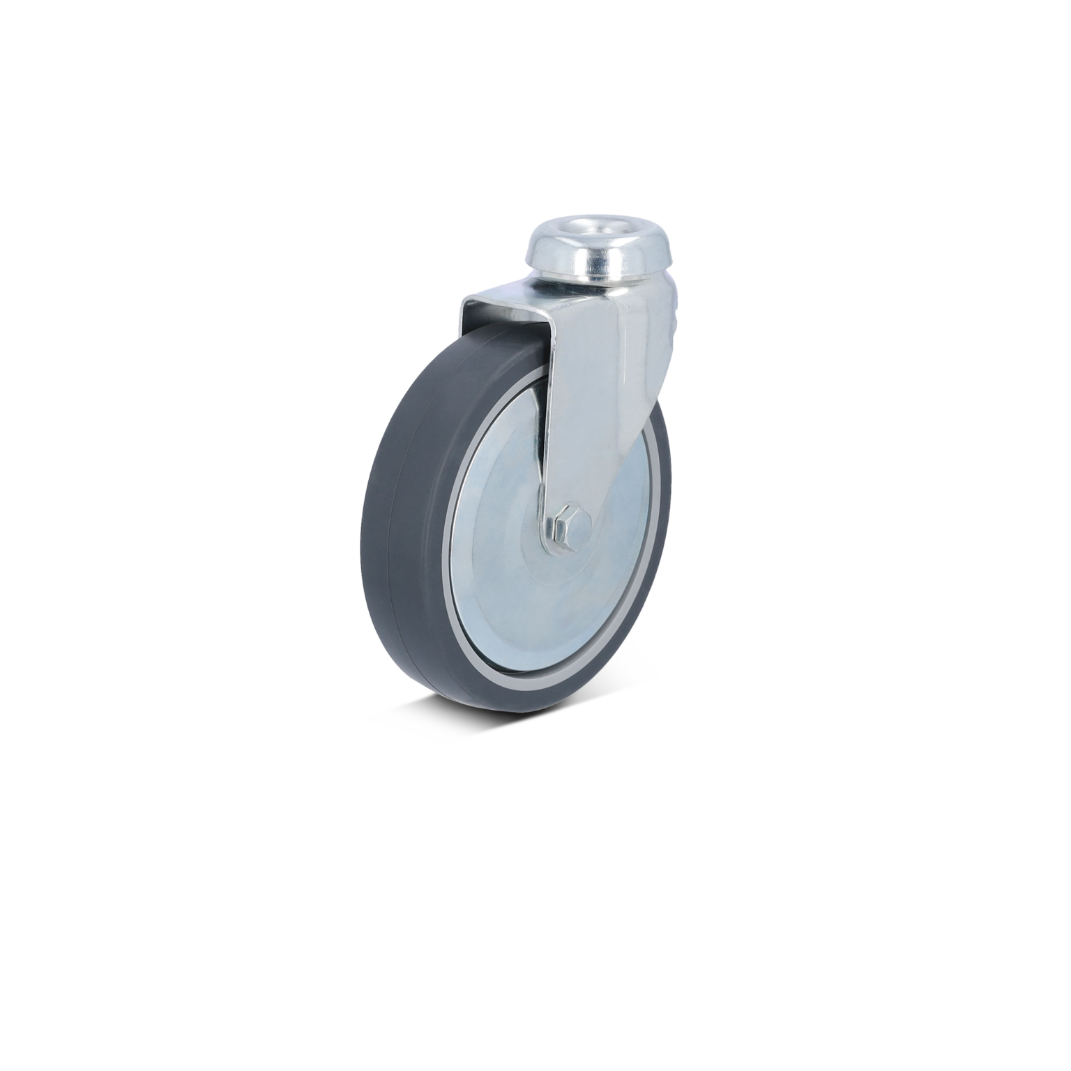 A gray rubber wheel is mounted on a metal swivel bracket. The wheel has a shiny metal center and features a solid construction, suitable for industrial or material handling applications.